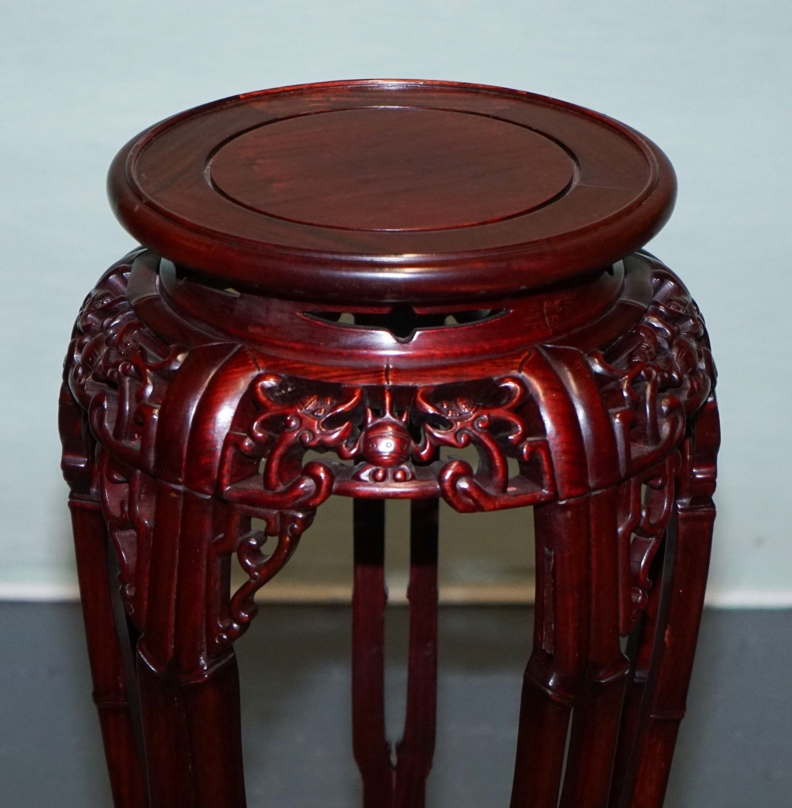 Vintage Chinese Carved Hardwood Plant Pedestal Bamboo Motif Shanghai Trademark photo 750.0