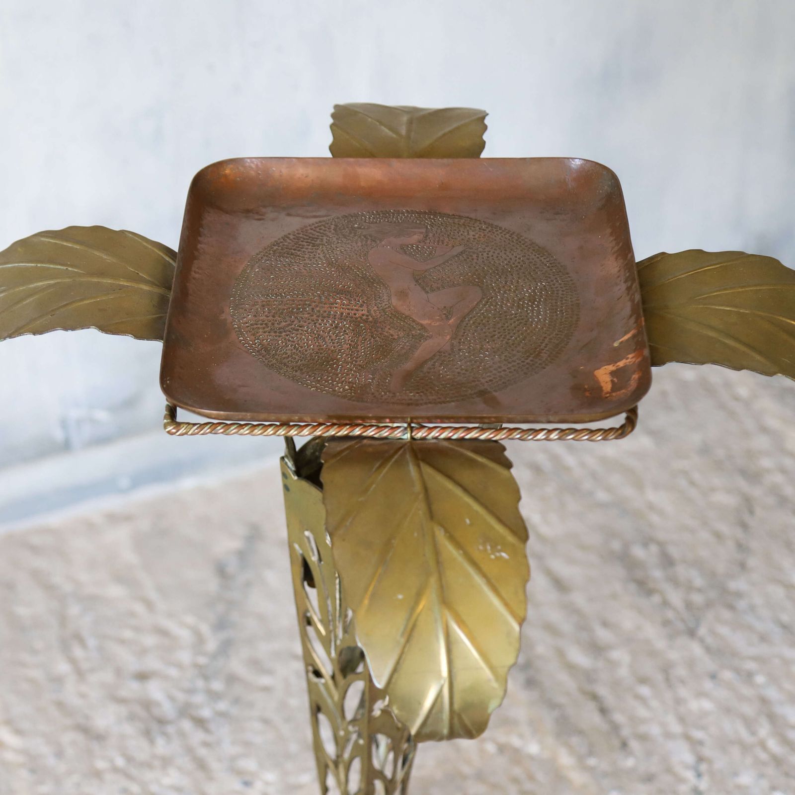 Italian 1920s Decorative Art Nouveau Brass Side Table With Engraved Copper Tray photo 755.0