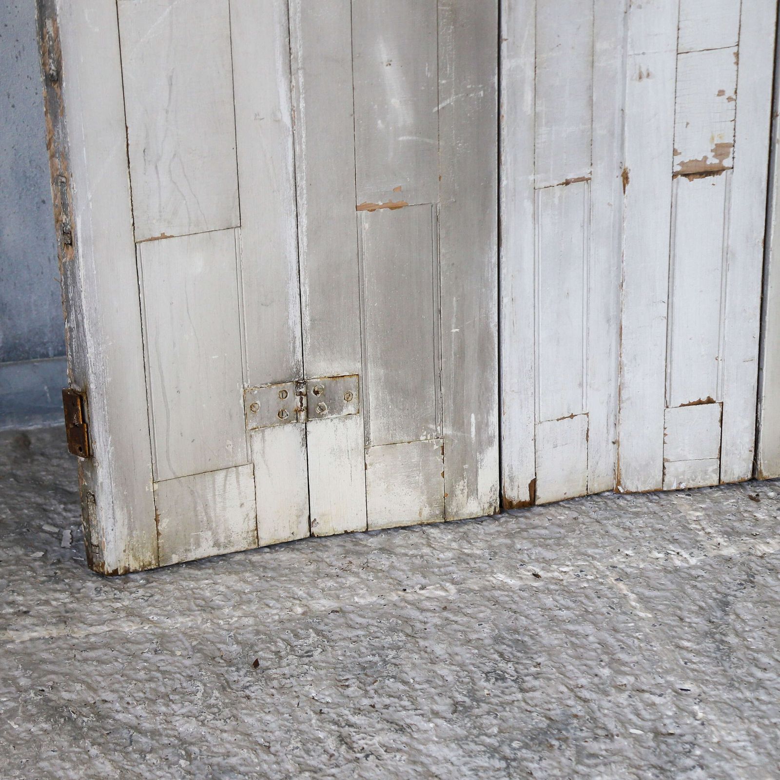Pair Of Antique Panelled Tri Folding Shutters In Original Cream Paint photo Home Fixtures