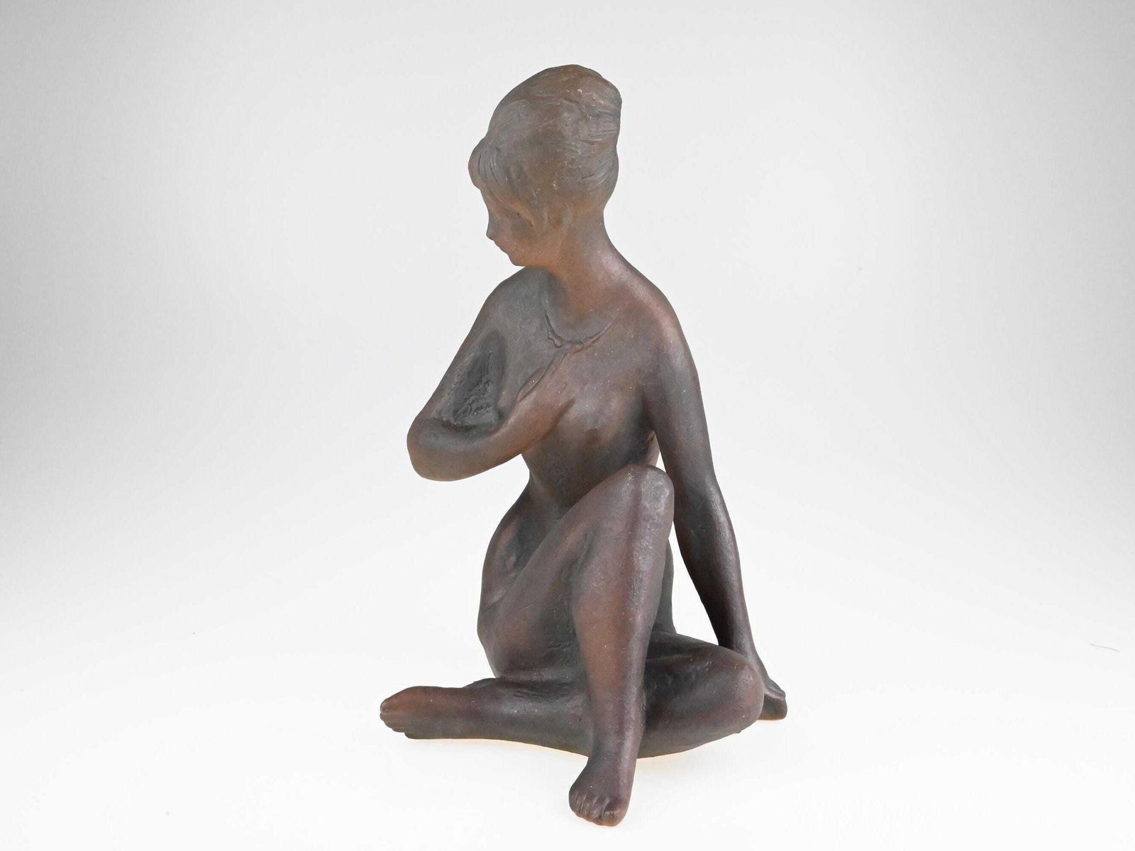 Bohumil Kokrda Ceramic Nude Statue, Mid Century Sculpture, Modernist Figurine, Seated Nude Statue, Ceramic Nude Sculpture, Brown Figurine