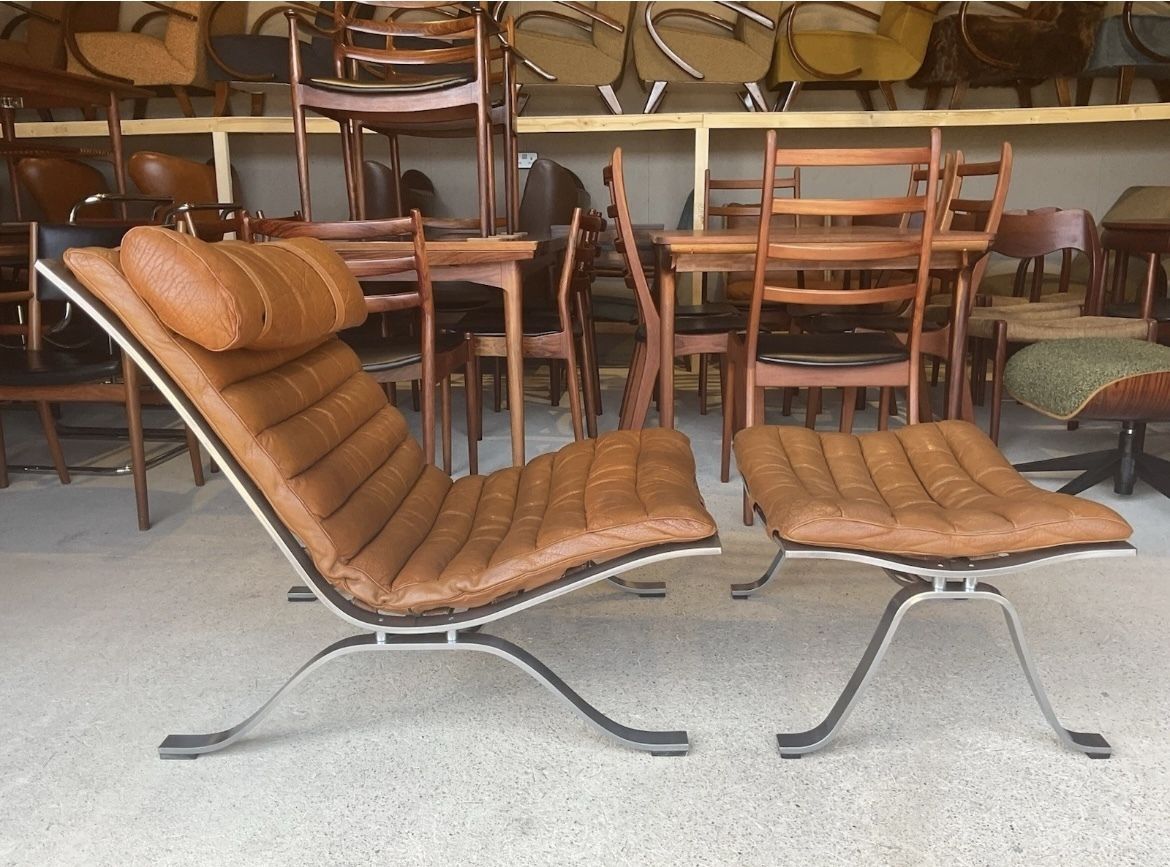 Arne Norell Leather And Chrome Ari Lounge Chair And Ottoman Mid Century