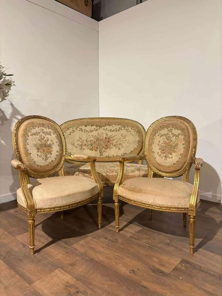 19th Century French Gilt & Moulded Tapestry Three Piece Salon Suite photo vinterior