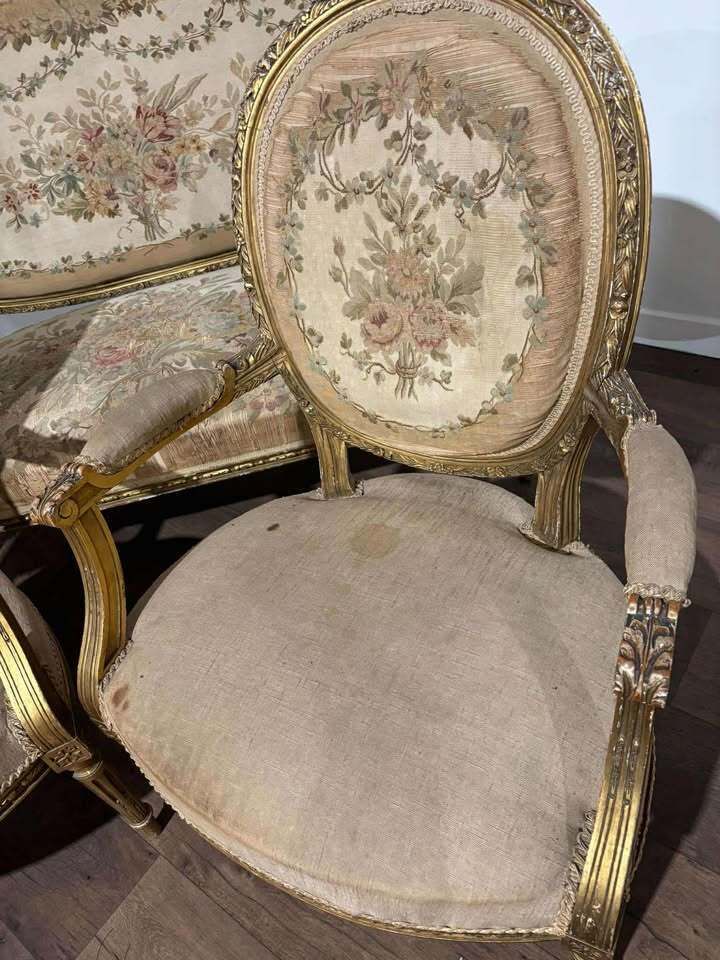 photo for sale 19th Century French Gilt & Moulded Tapestry Three Piece Salon Suite