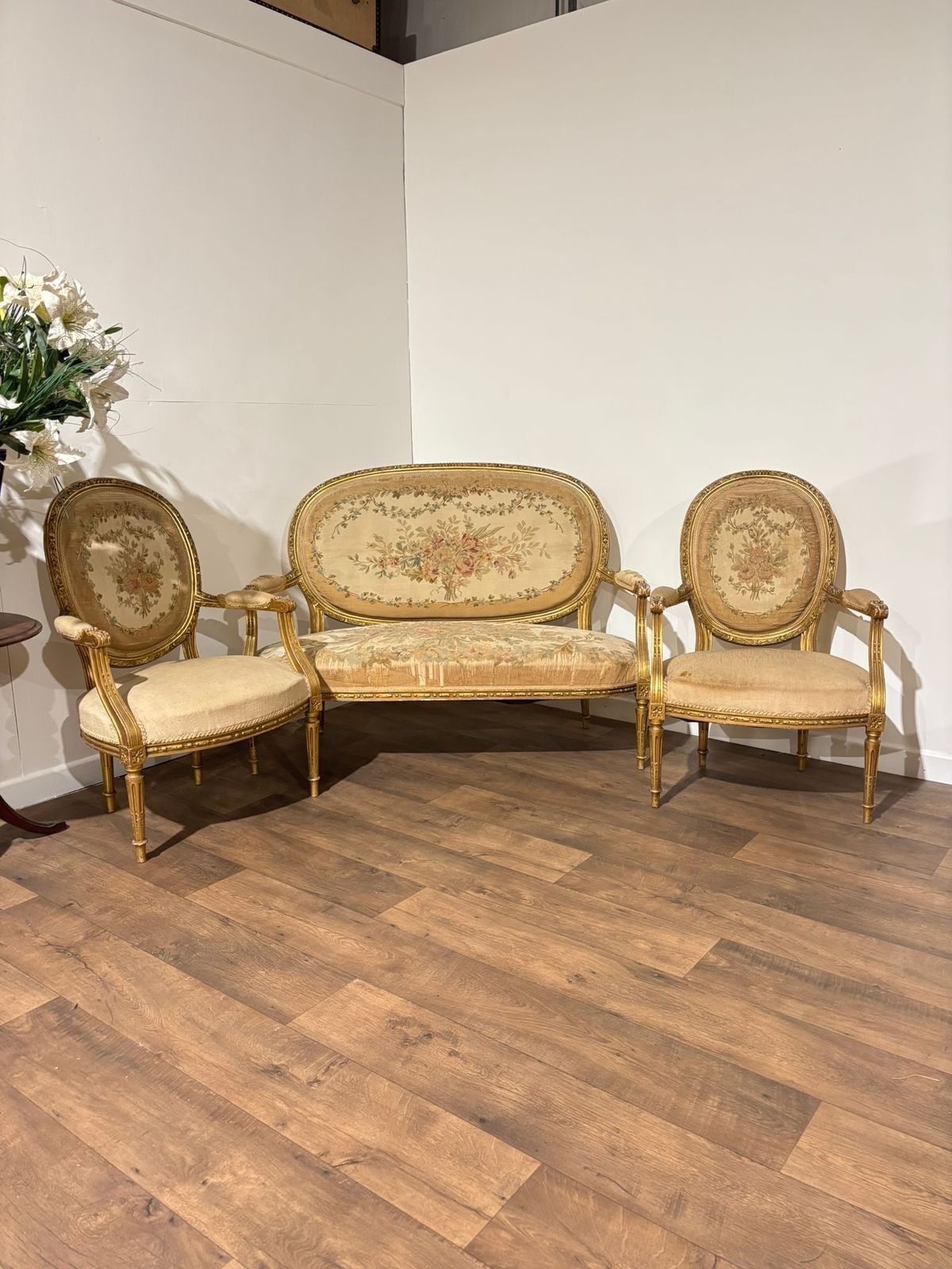 19th Century French Gilt & Moulded Tapestry Three Piece Salon Suite