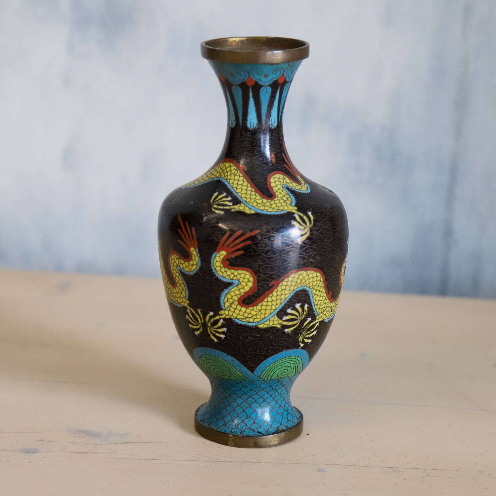 Decorative Antique Japanese Cloisonné Vase With A Dragon & Turquoise Enamelling photo Home Decor