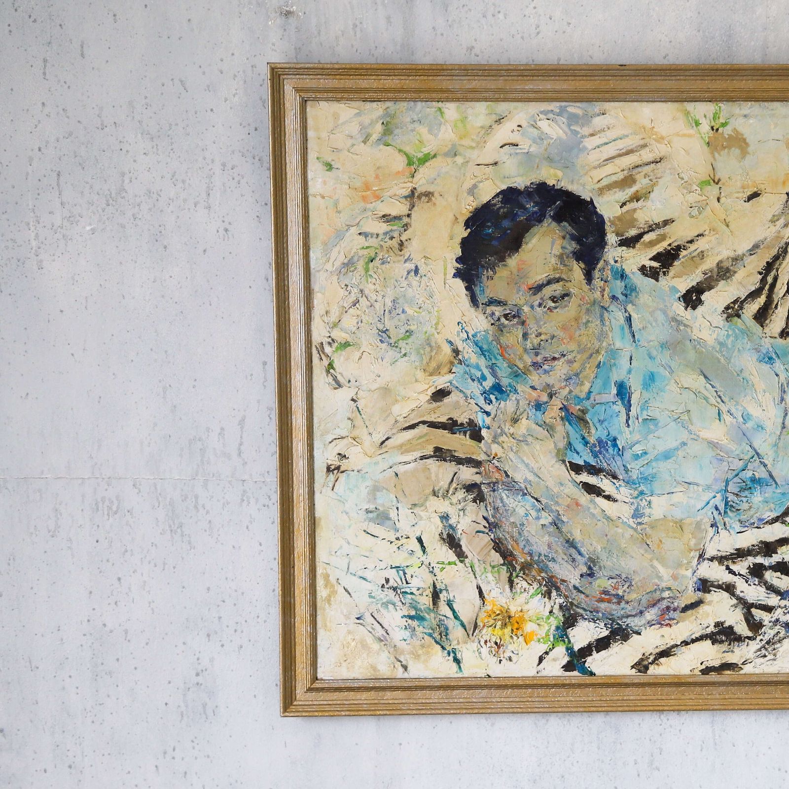 Large Mid Century Oil Painting On Canvas Of A Reclining Young Man photo vintage