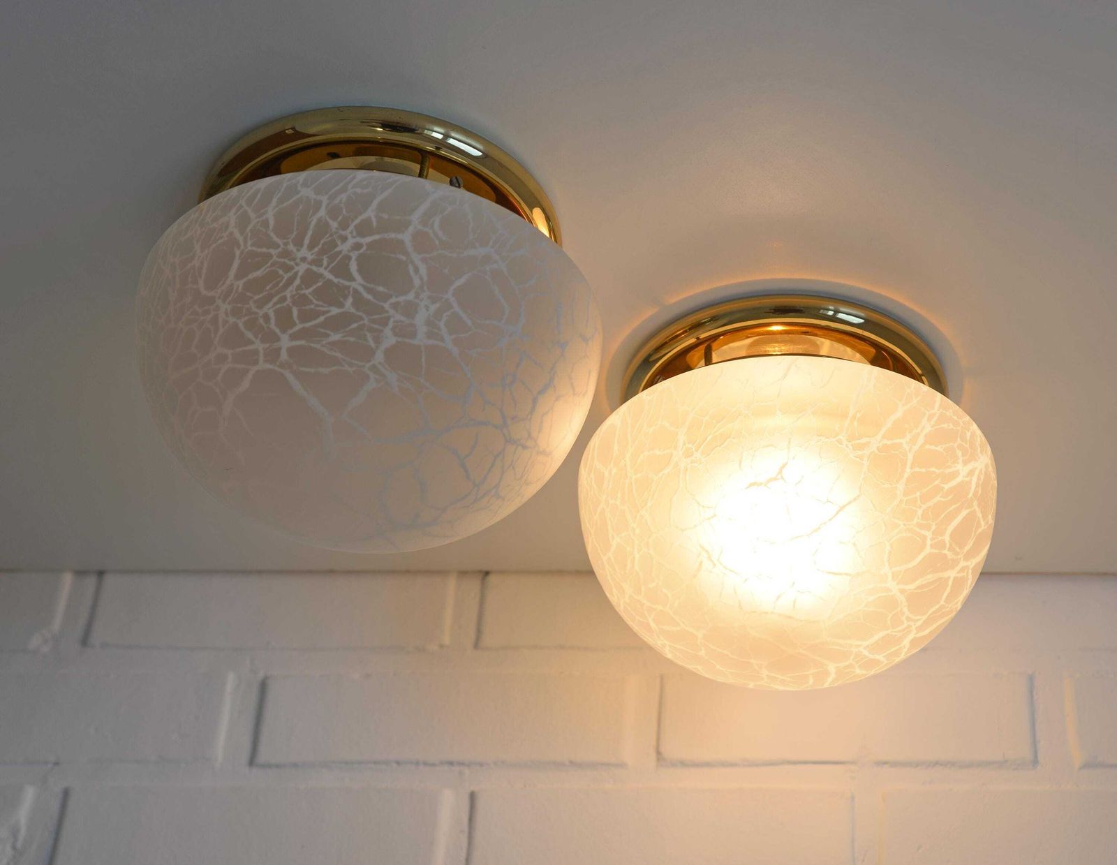 Set Of 2 Vintage Wall Light / Ceiling Lights / Mcm Sconce / Golden Mushroom Lamps / Glass Flush Mount Lightings / Yugoslavia 1980's /