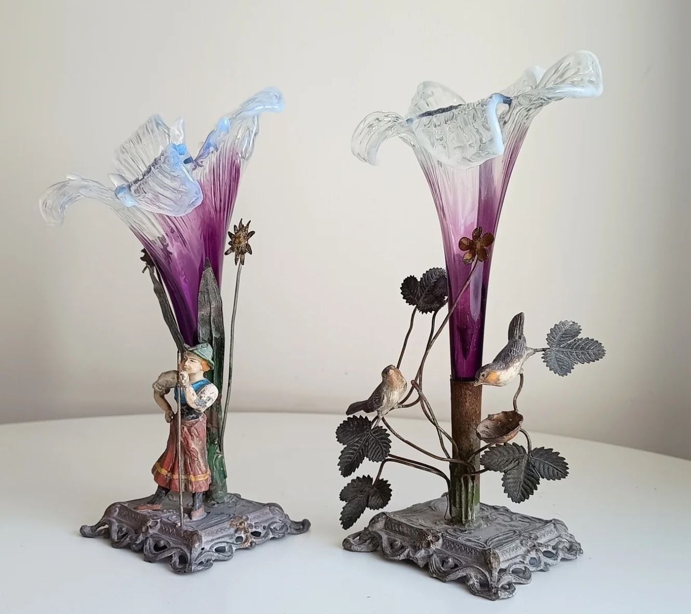 photo for sale Two Vienna School Art Nouveau Floriform Glass Solifleur Vases With Cold Painted Metal Pedestals Wilhelm Kralik Sohne Style Circa 1890–1910