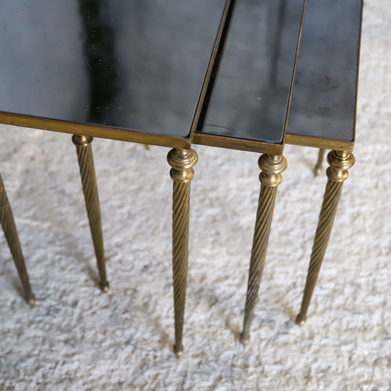1950s English Nest Of Three Brass Tables With Mirrored Glass Tops photo Furniture