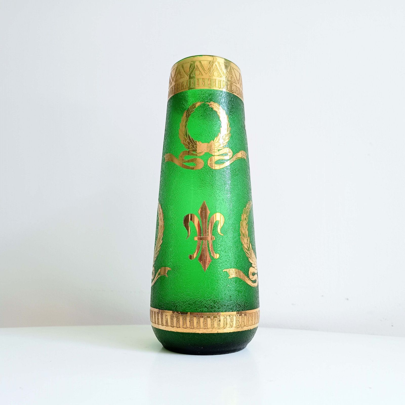 Art Nouveau Emerald Or Nile Green Glass Vase, Acid Etched, Legras Montjoyes C. 1880s