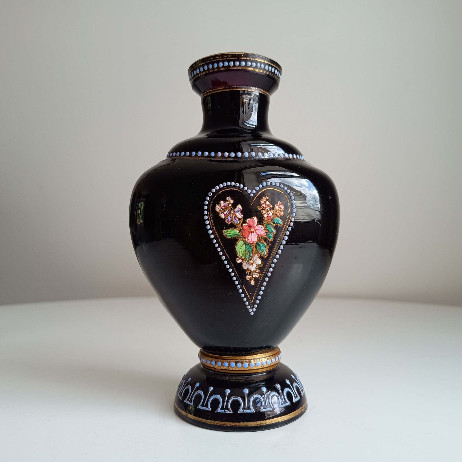 Rare Antique French Enamelled Black Glass Vase — Attributed To Legras Or Mont Joye, Neo Grec Belle époque 1885–1900 photo furniture