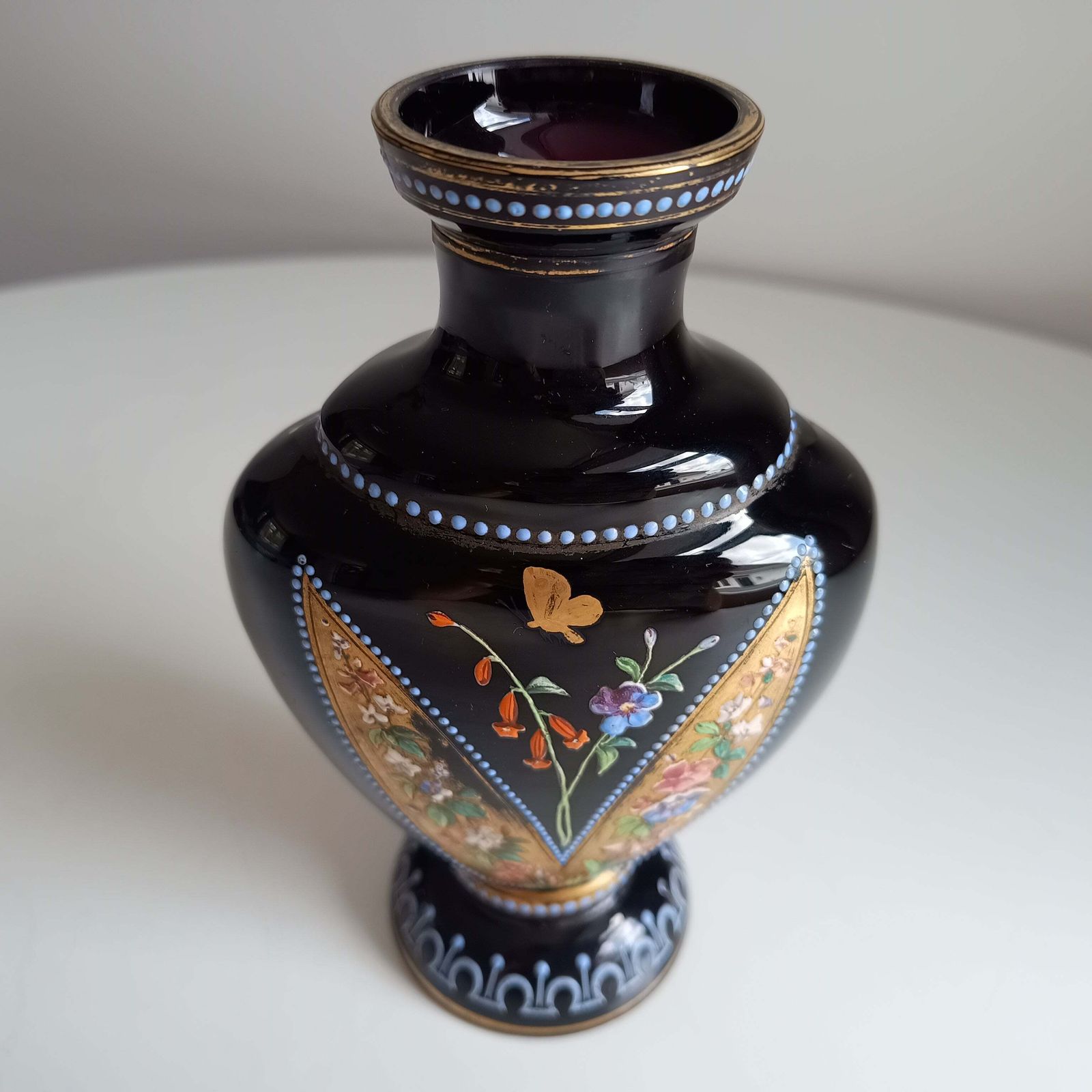 Rare Antique French Enamelled Black Glass Vase — Attributed To Legras Or Mont Joye, Neo Grec Belle époque 1885–1900 photo Home Decor