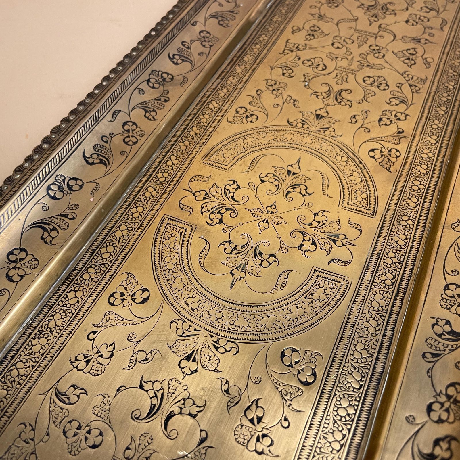 Antique Metal Gold Indian Patterned Brass Tray 75x20cm Plate Rectangle Handmade Etched Intricate Decorative Patterned Wall Handles Vintage photo Home Decor