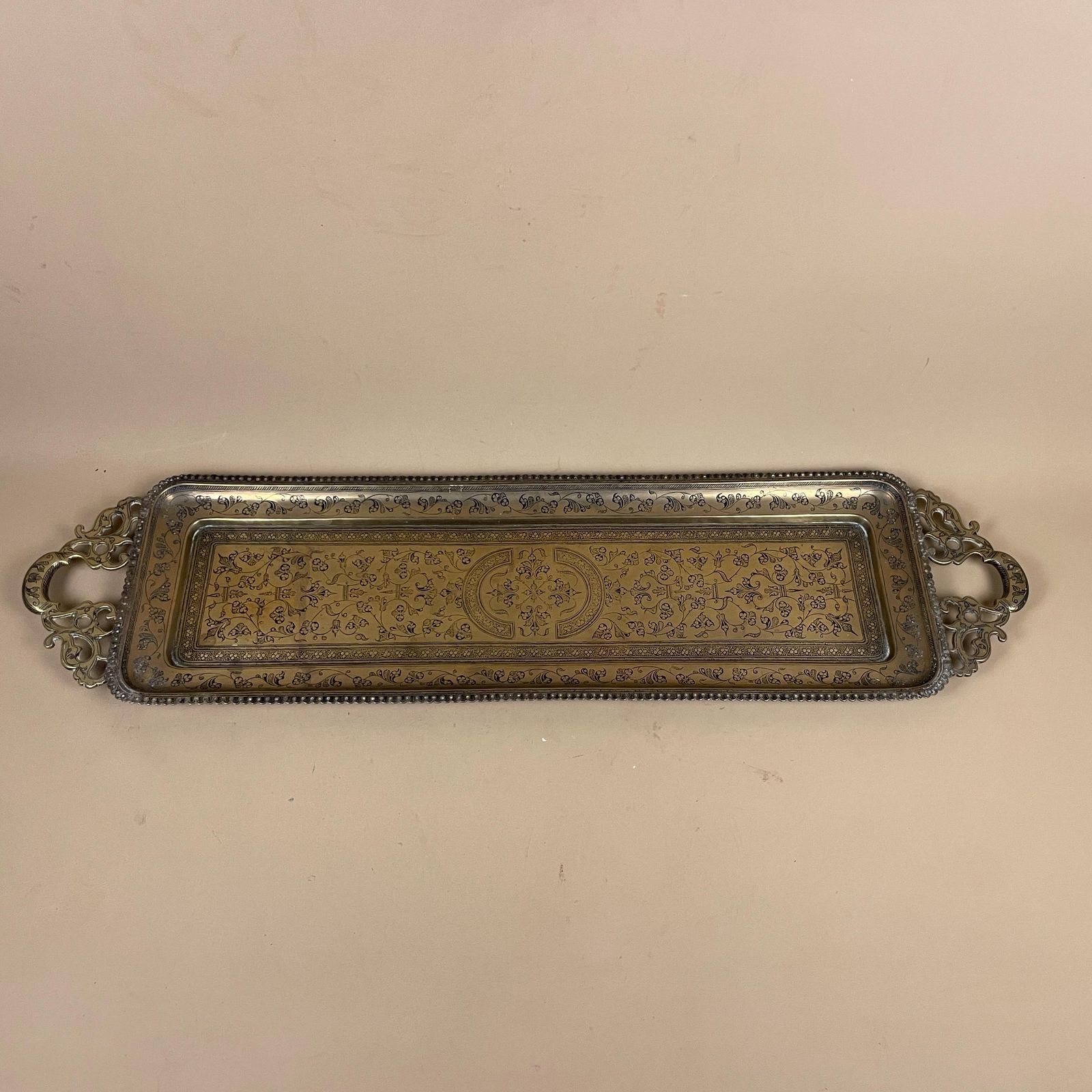 Antique Metal Gold Indian Patterned Brass Tray 75x20cm Plate Rectangle Handmade Etched Intricate Decorative Patterned Wall Handles Vintage photo vinterior