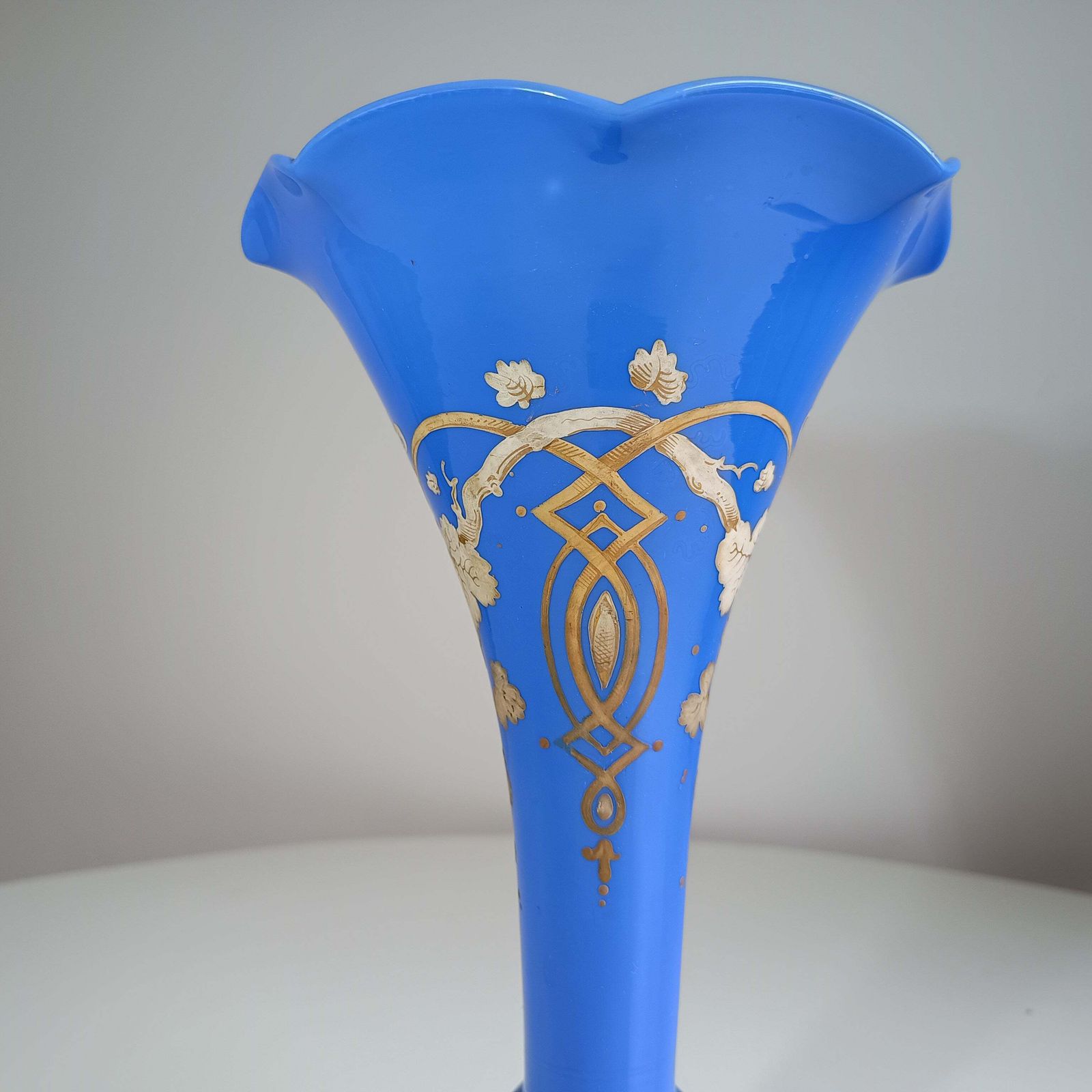 Art Nouveau Celeste Blue Opaline Glass Trumpet Vase In The Style Of Harrach, Bohemia, 1880s To 1900s photo furniture