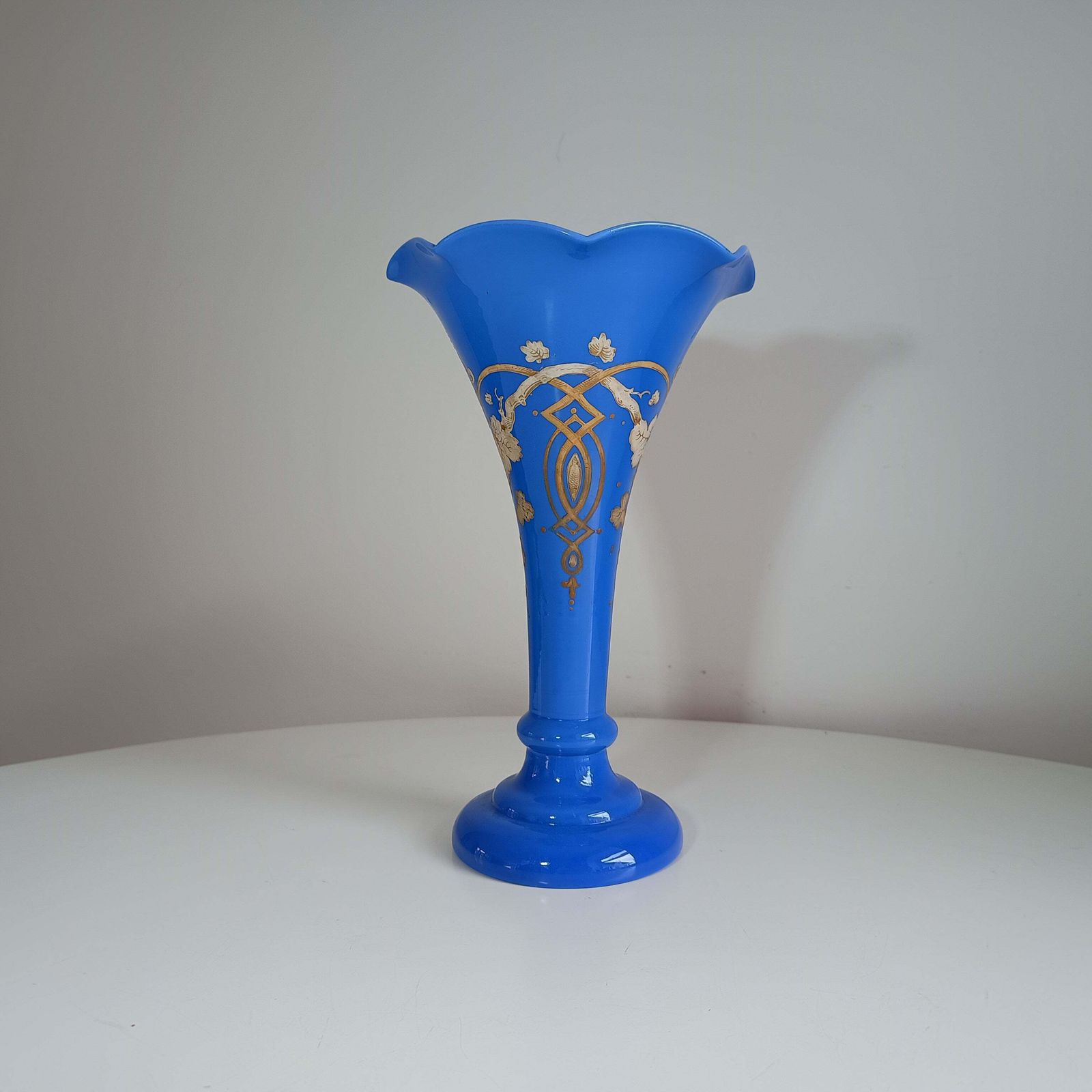 Art Nouveau Celeste Blue Opaline Glass Trumpet Vase In The Style Of Harrach, Bohemia, 1880s To 1900s