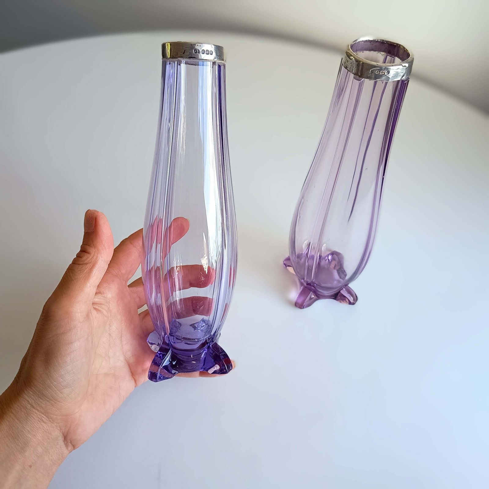 Antique Pair Of Bohemia Export Amethyst Purple Glass Vases, London Hallmarked To David Loebl, Schindler, Sterling Silver Collars 1920s photo vintage
