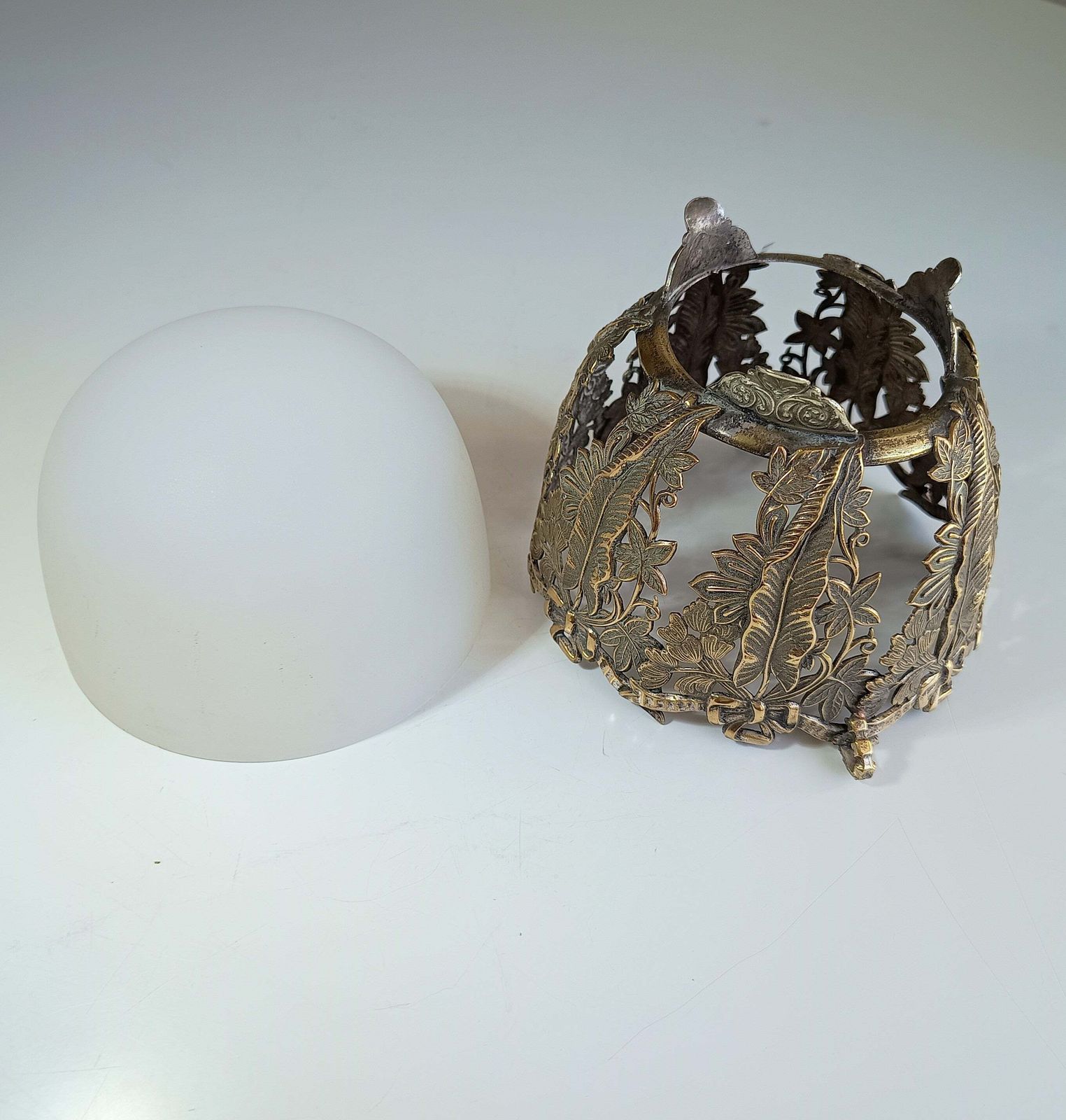 Vintage Aesthetic French Or English Repousse Metal Biscuits Basket With Frosted White Opaline Glass Bowl photo vintage