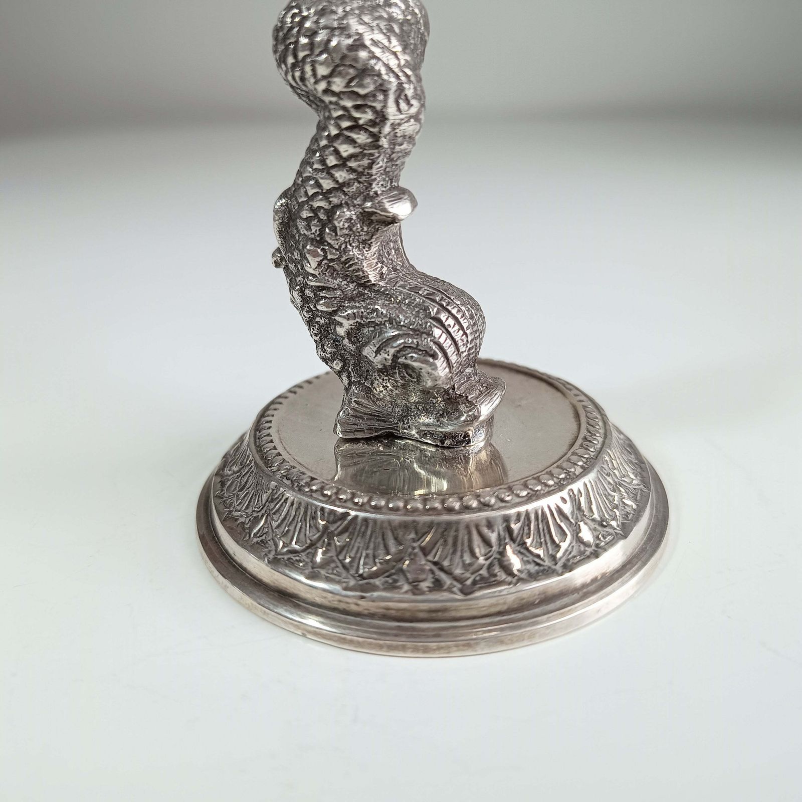 Antique French Biscuit Bowl With Cast Figural Dolphin Stand – Silver Plate & Cut Glass, 10.25" Tall photo vinterior