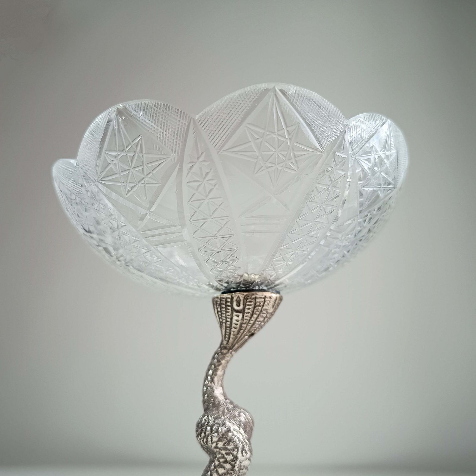 photo furniture Antique French Biscuit Bowl With Cast Figural Dolphin Stand – Silver Plate & Cut Glass, 10.25" Tall
