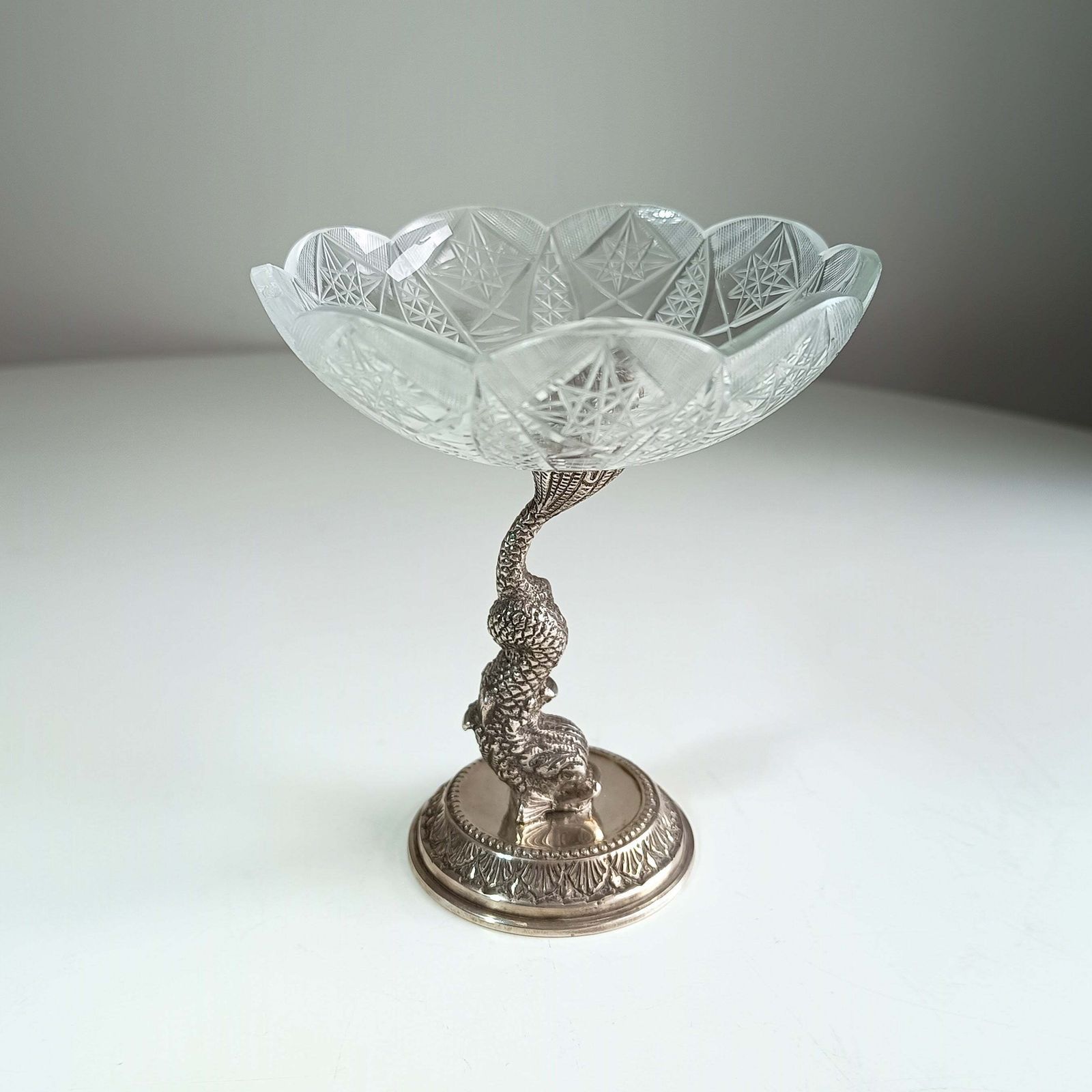 Home Decor Antique French Biscuit Bowl With Cast Figural Dolphin Stand – Silver Plate & Cut Glass, 10.25" Tall photo