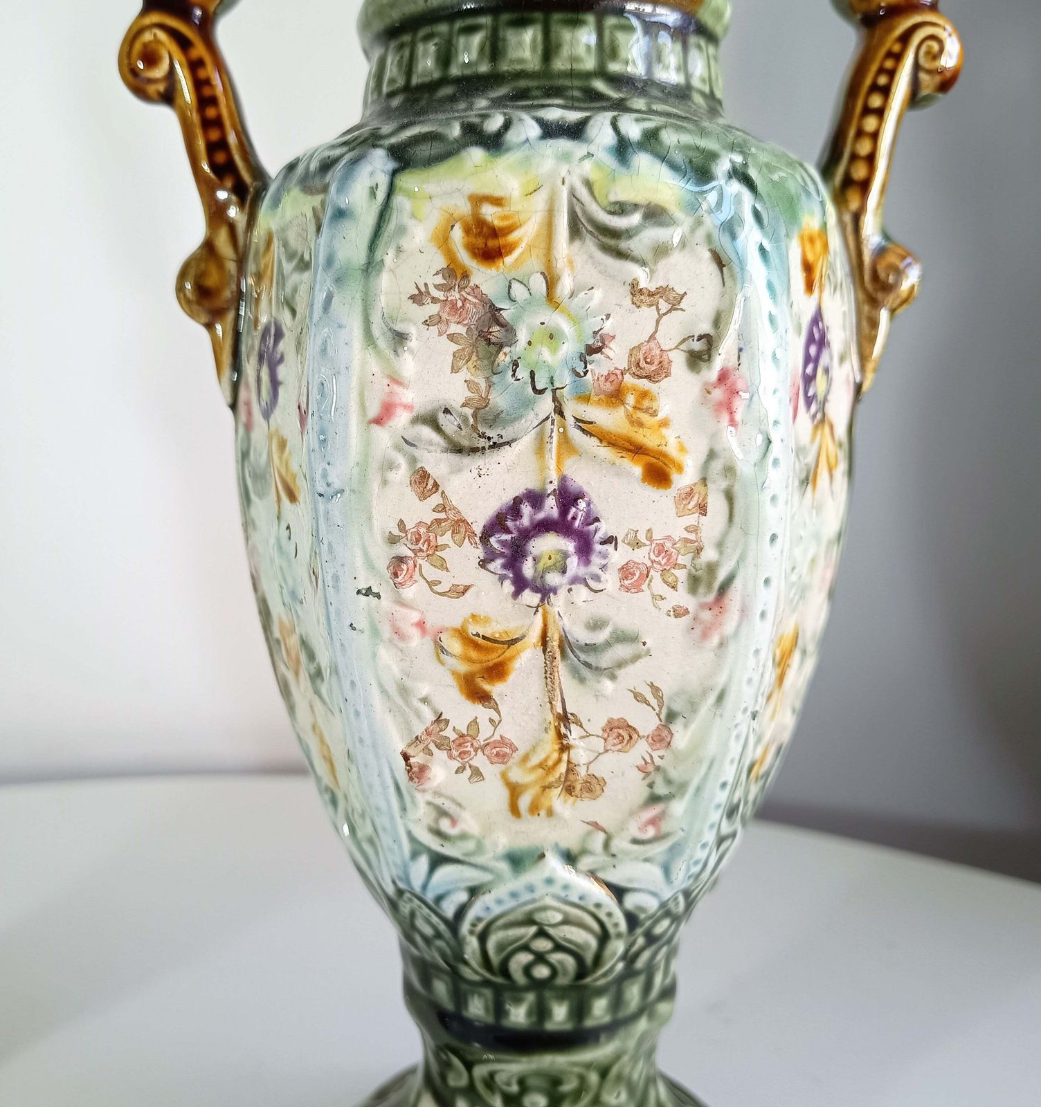 Art Nouveau Majolica Twin Handled Vases – Edwardian Staffordshire, Pair photo for sale