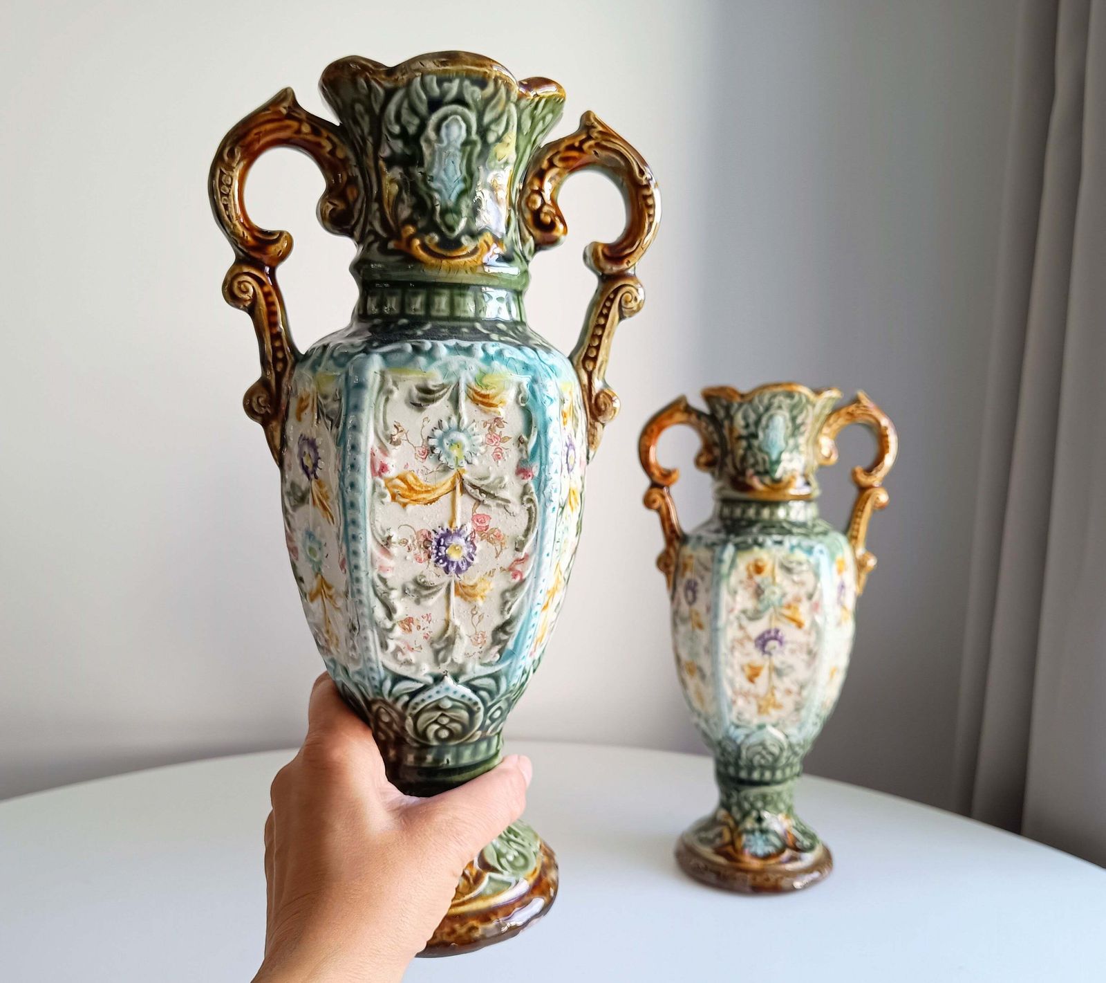 Art Nouveau Majolica Twin Handled Vases – Edwardian Staffordshire, Pair photo 180.0