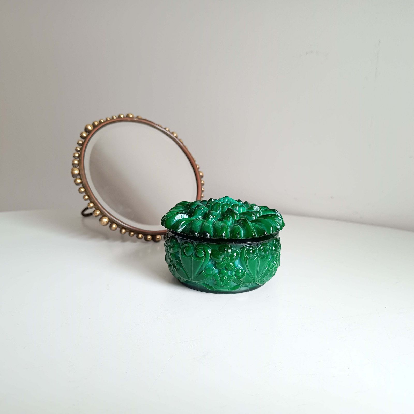 Art Deco Bohemian Art Glass Malachite Glass Lidded Jewellery Watch Box, Carl Schlevogt And Hoffner Design