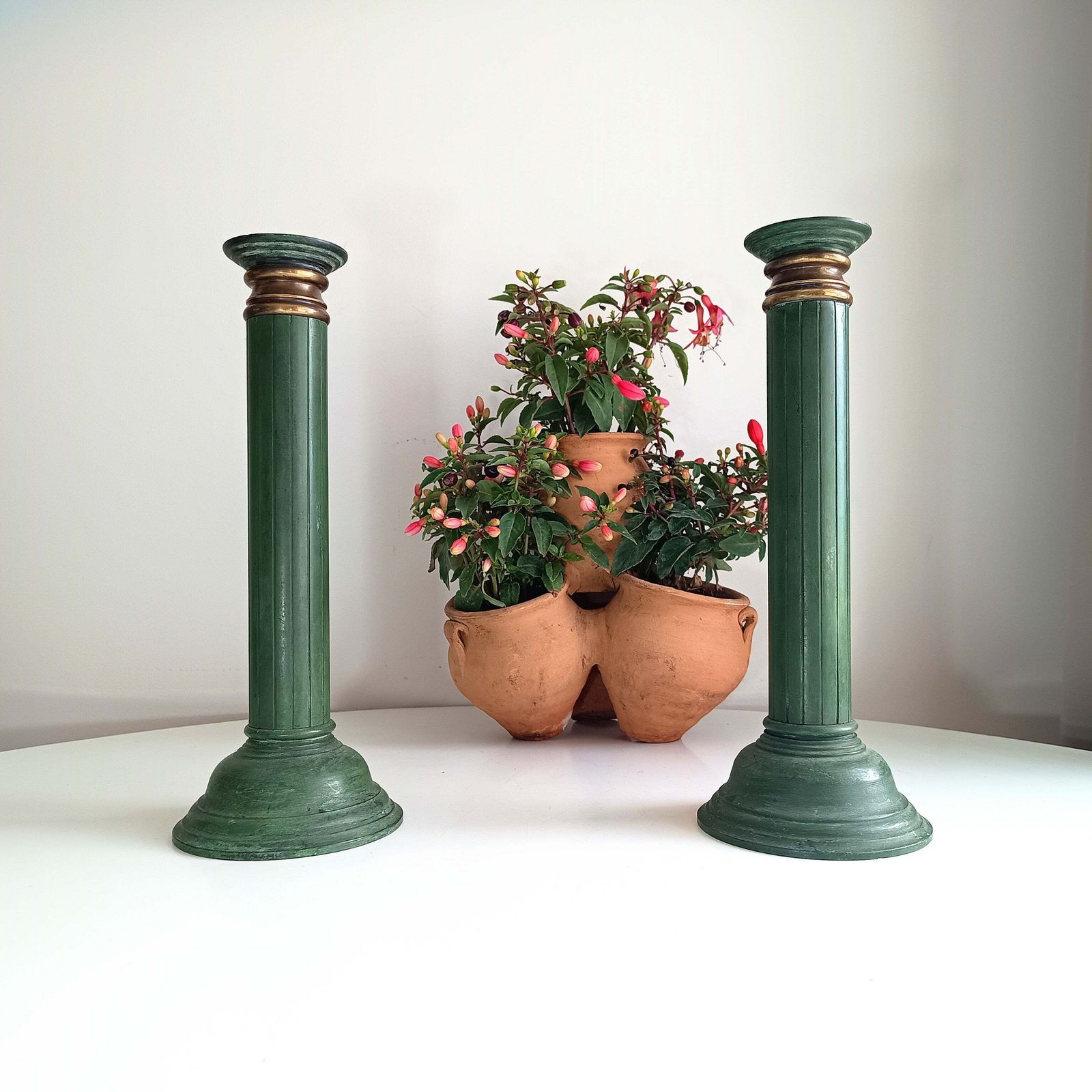 Pair Of Grand Heavy Bronze Neoclassical Column 3 Part Candlesticks In The Style Or By Jacques Adnet C 1930s Empire Revival Art Deco France