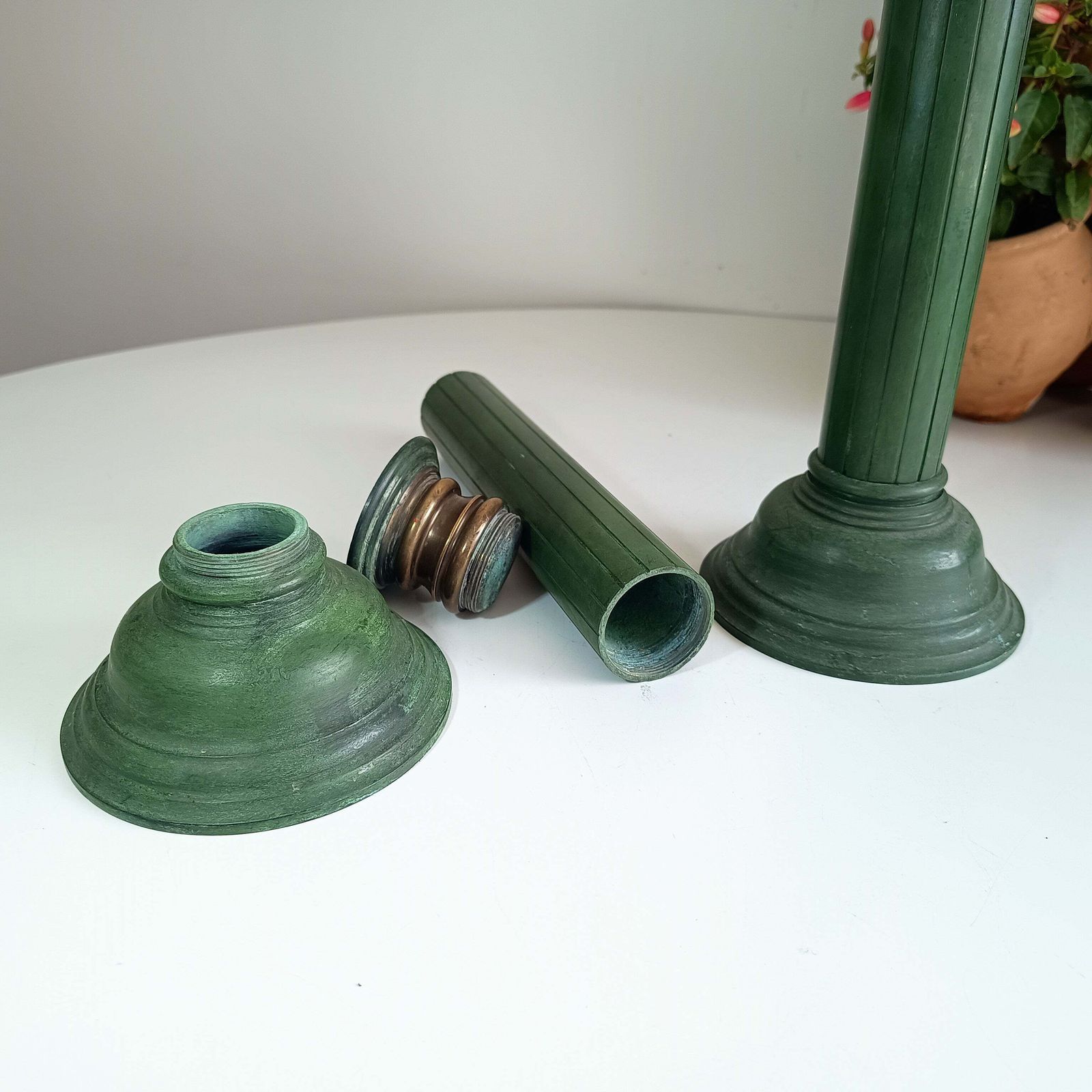 Pair Of Grand Heavy Bronze Neoclassical Column 3 Part Candlesticks In The Style Or By Jacques Adnet C 1930s Empire Revival Art Deco France photo vinterior