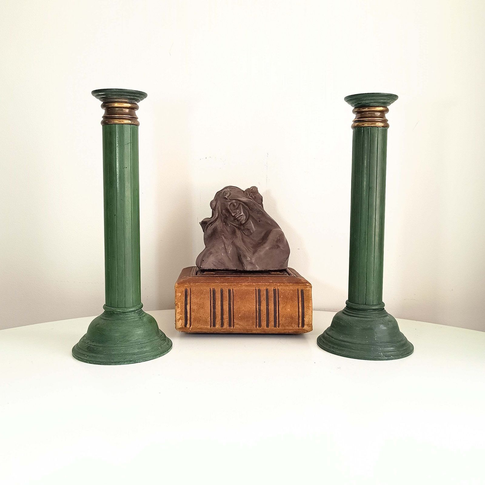 photo furniture Pair Of Grand Heavy Bronze Neoclassical Column 3 Part Candlesticks In The Style Or By Jacques Adnet C 1930s Empire Revival Art Deco France