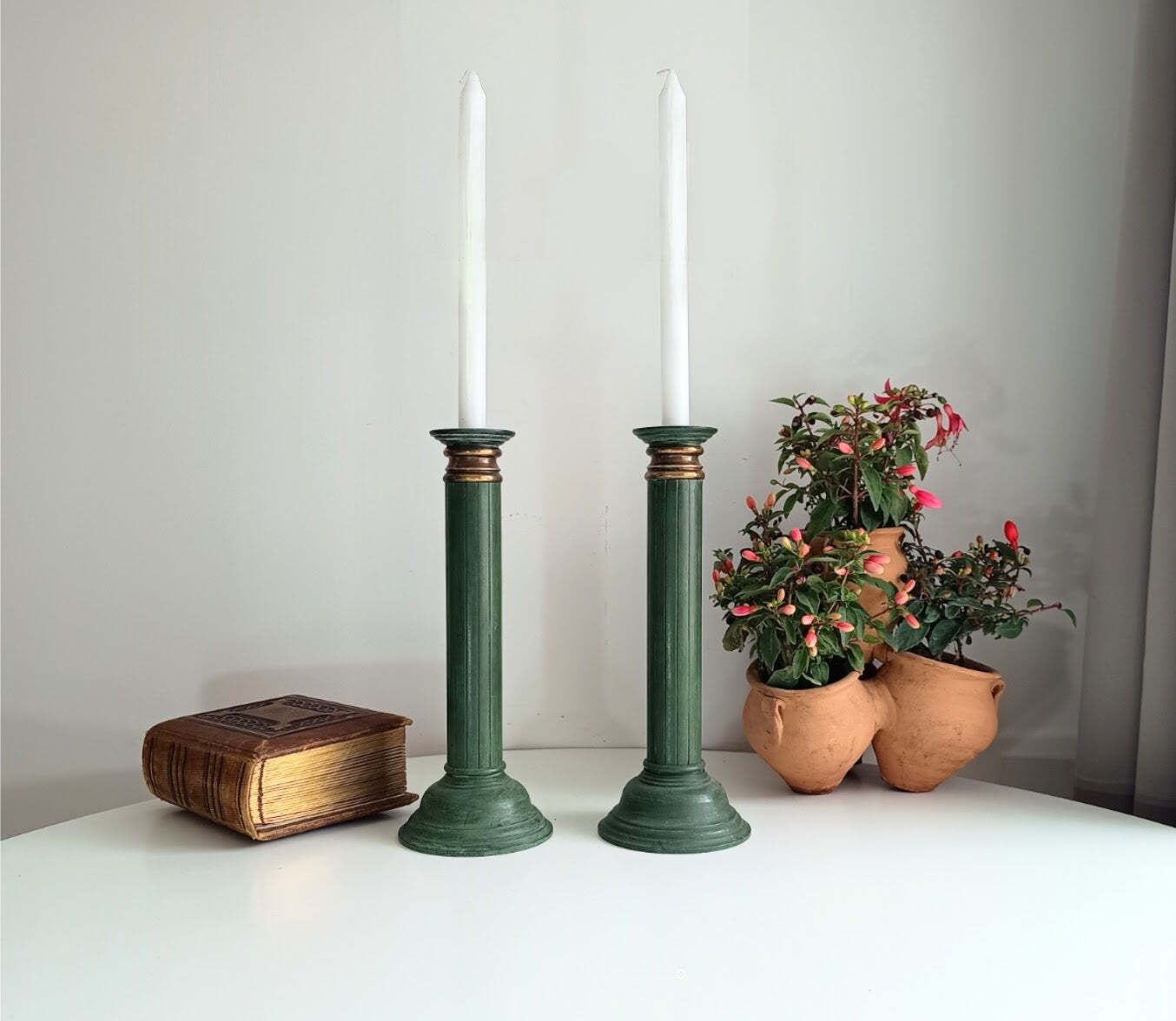 photo for sale Pair Of Grand Heavy Bronze Neoclassical Column 3 Part Candlesticks In The Style Or By Jacques Adnet C 1930s Empire Revival Art Deco France