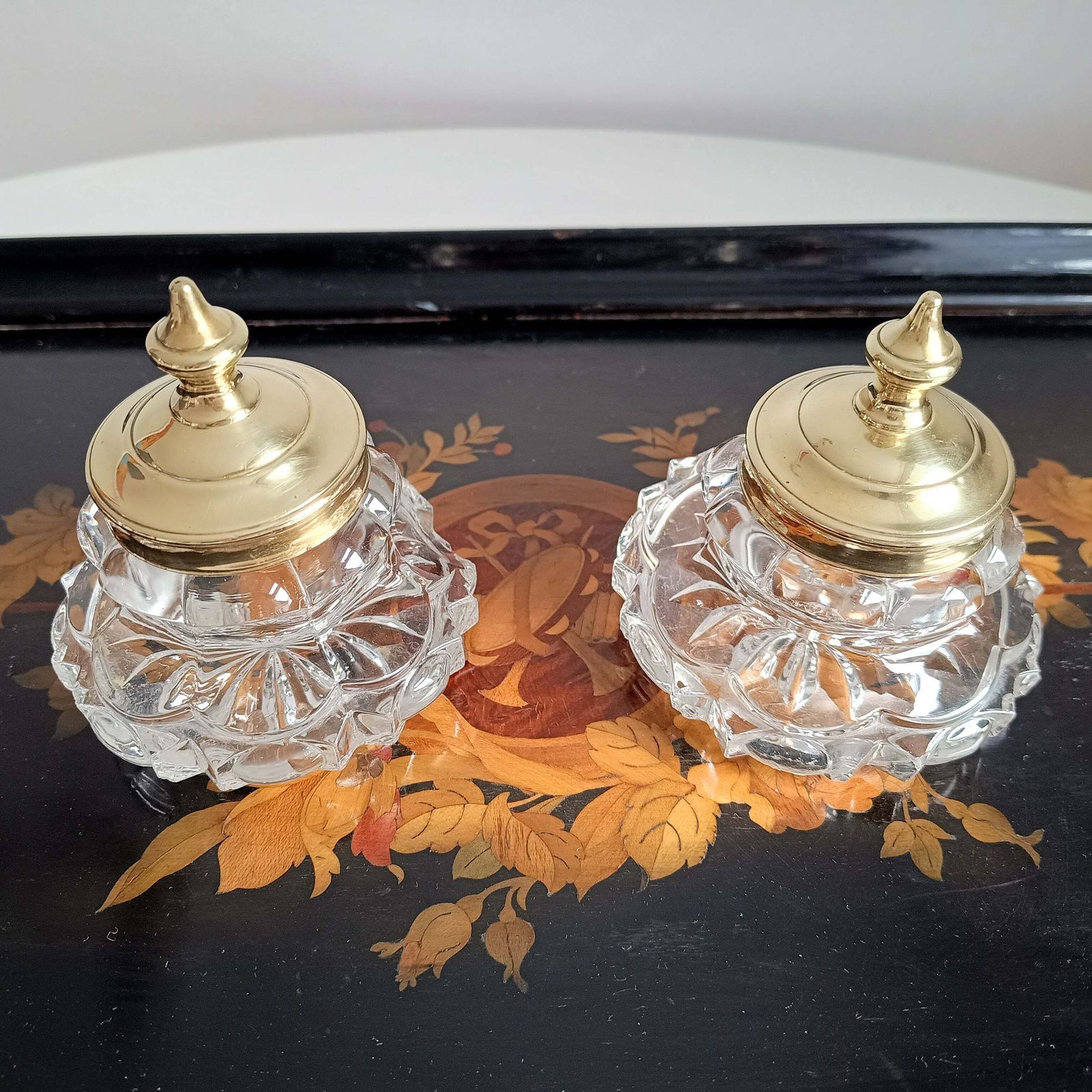 Pair Of Antique Russian Pressed Cut Glass Inkwells “Maltsov” | Goose Crystalni Factory | Circa Late 19th Century photo for sale