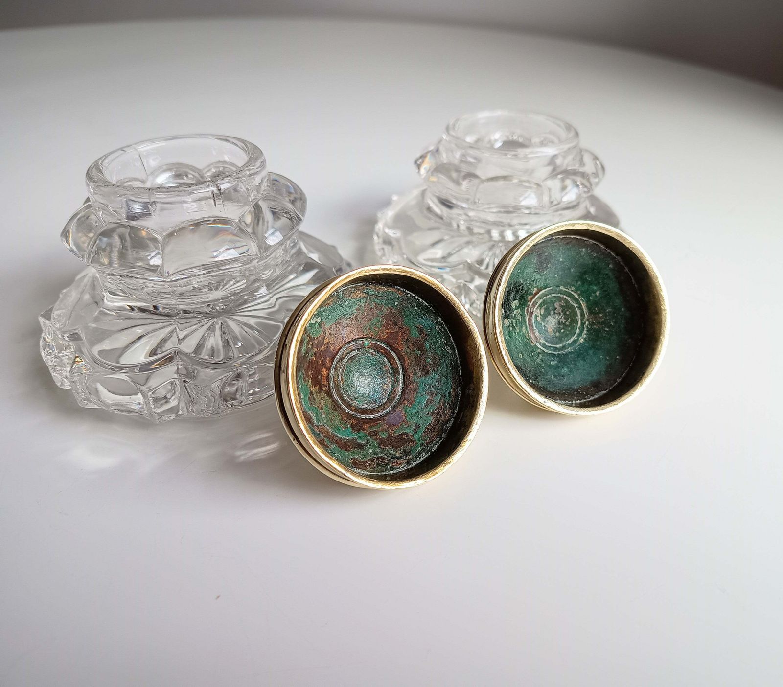 photo for sale Pair Of Antique Russian Pressed Cut Glass Inkwells “Maltsov” | Goose Crystalni Factory | Circa Late 19th Century