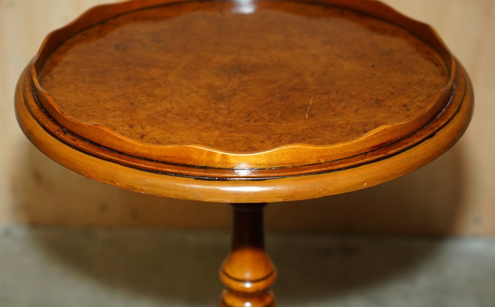 photo vintage Pair Of Vintage Burr Walnut With Gallery Rails Side End Lamp Wine Tripod Tables
