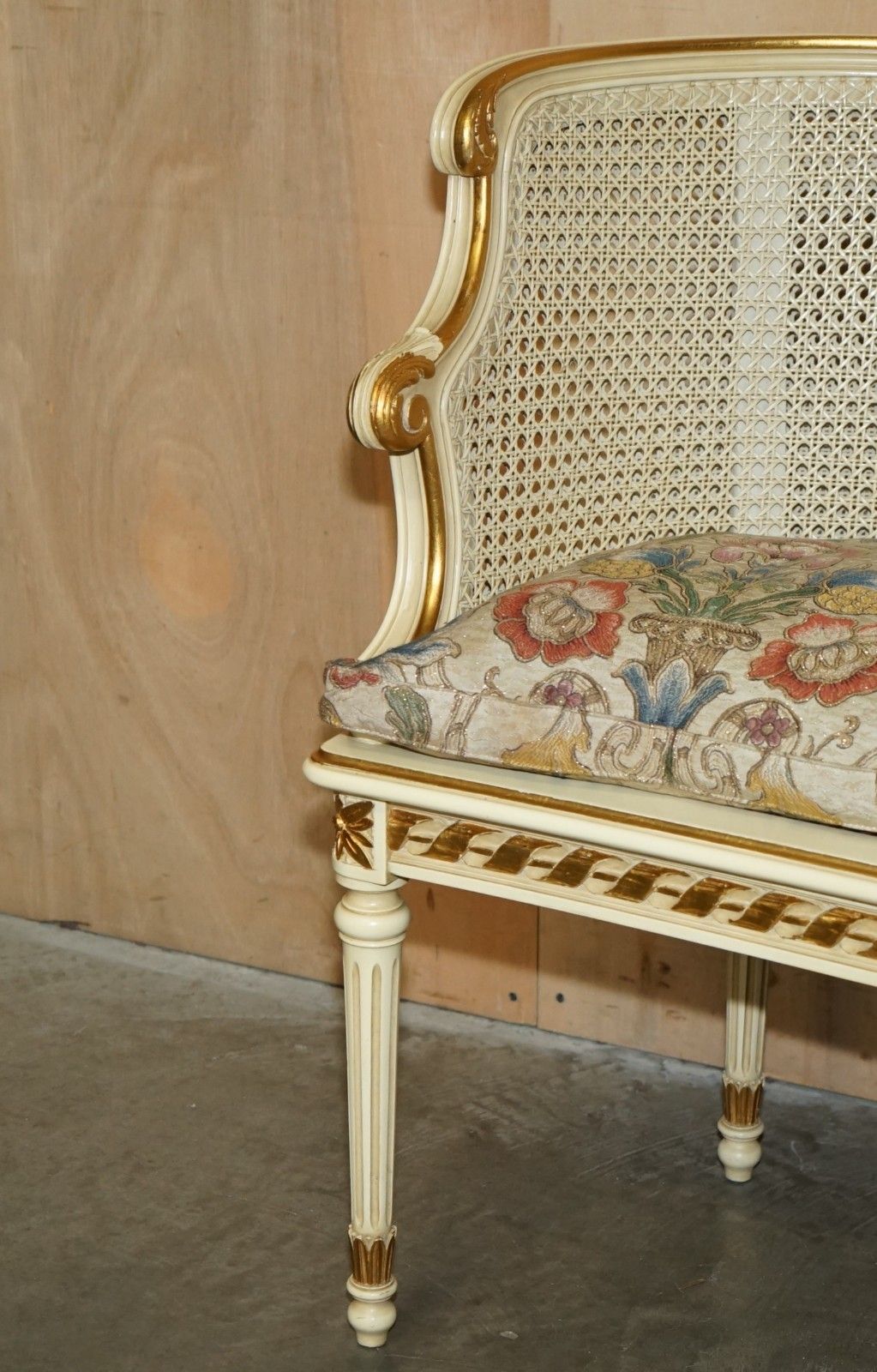 photo for sale Antique Gold & Silver Leaf Embroidered French Louis Bergere Window Seat Bench
