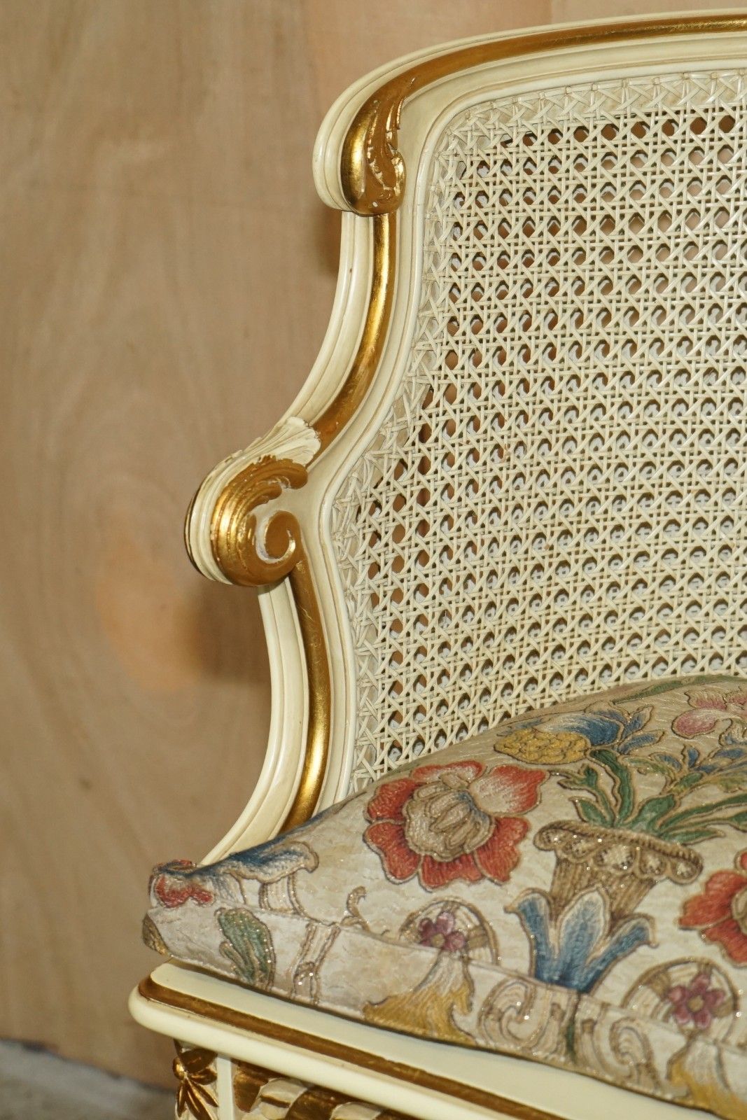 Furniture Antique Gold & Silver Leaf Embroidered French Louis Bergere Window Seat Bench photo