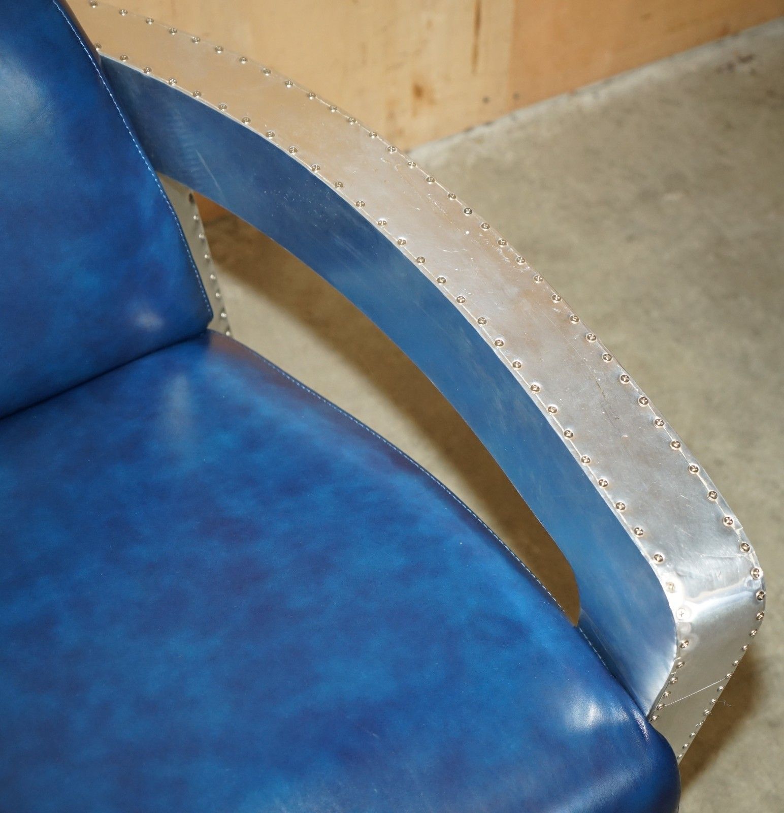 Fine Pair Of Napoleonic Blue Leather Polished Aluminium Aviator Rocket Armchairs photo vintage