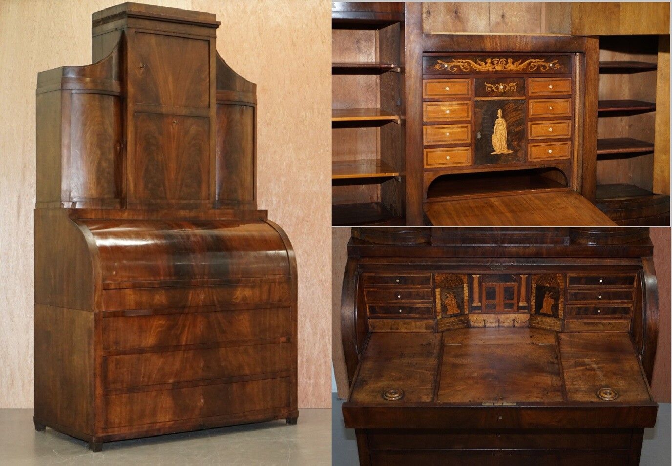 Very Rare Italian Mahogany Cyclinder Bureau Bookcase Desk With Must See Pictures photo furniture