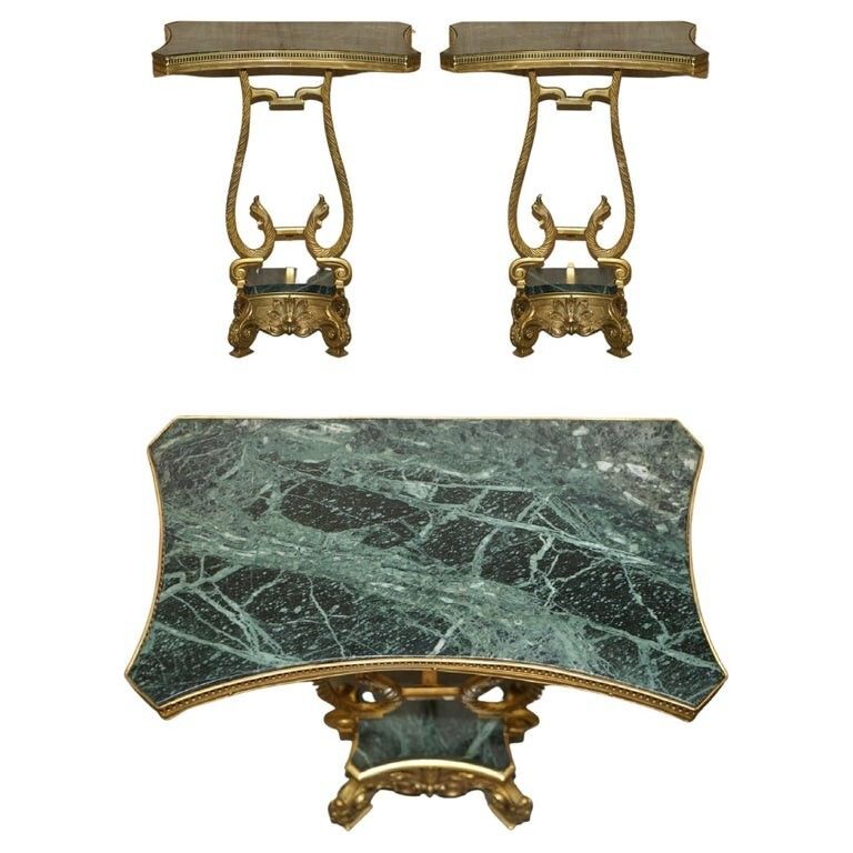 Pair Of Antique French Circa 1880 Solid Brass & Green Marble Side End Tables