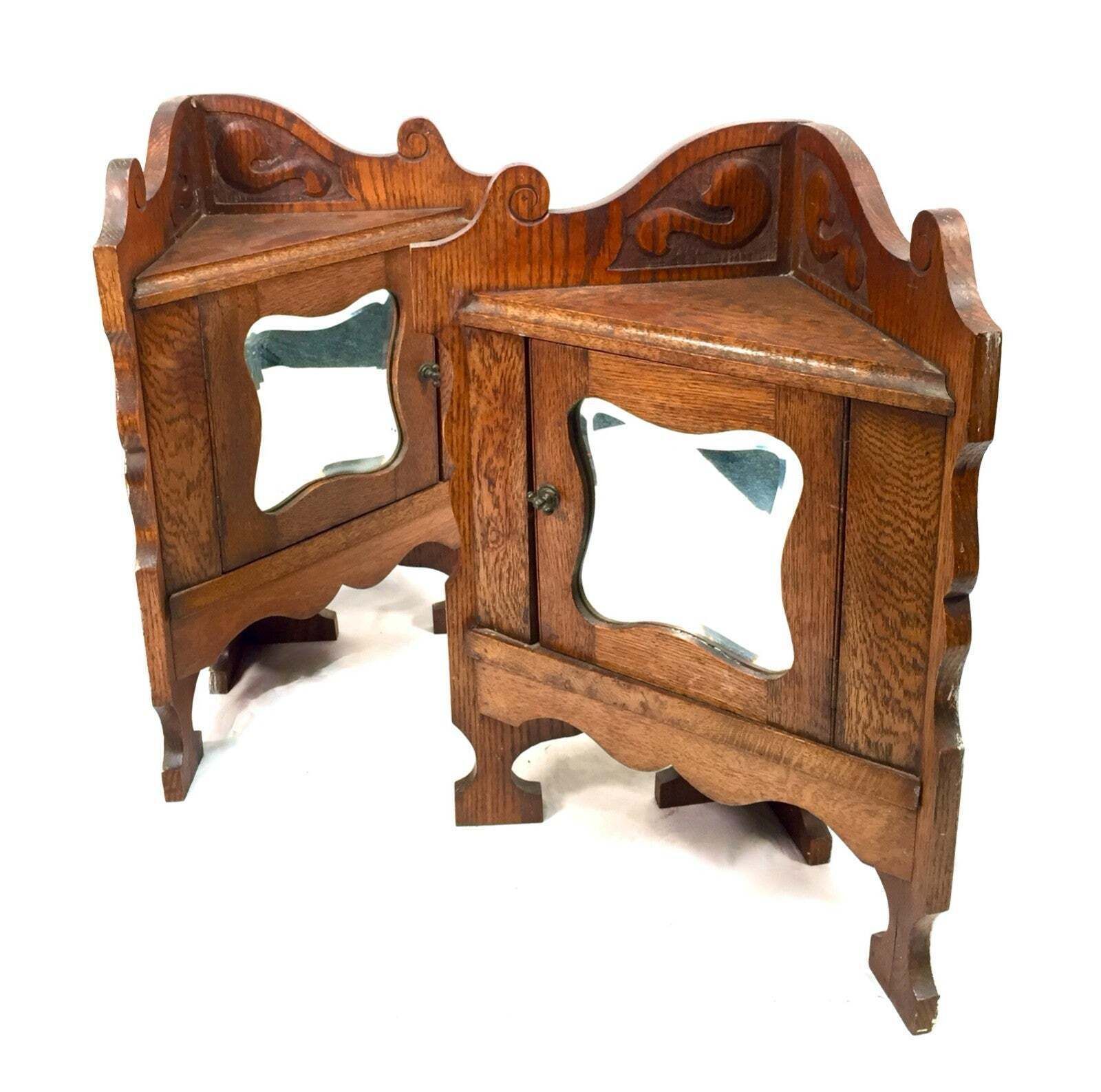 Antique Pair Of Corner Oak Wood Wall Cabinets / Mirror Fronts / Cupboards C.1900 photo for sale