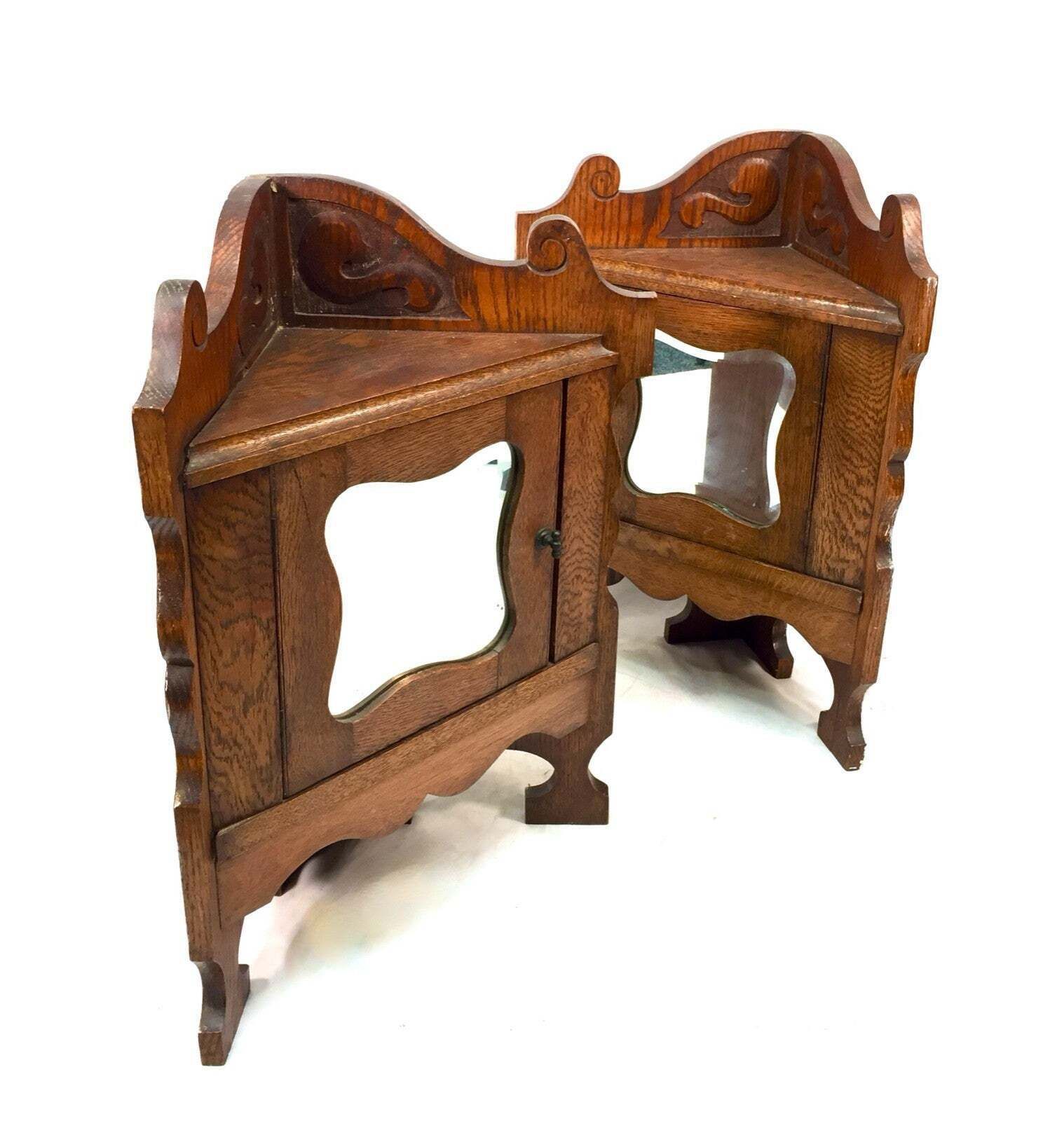 Antique Pair Of Corner Oak Wood Wall Cabinets / Mirror Fronts / Cupboards C.1900 photo buy