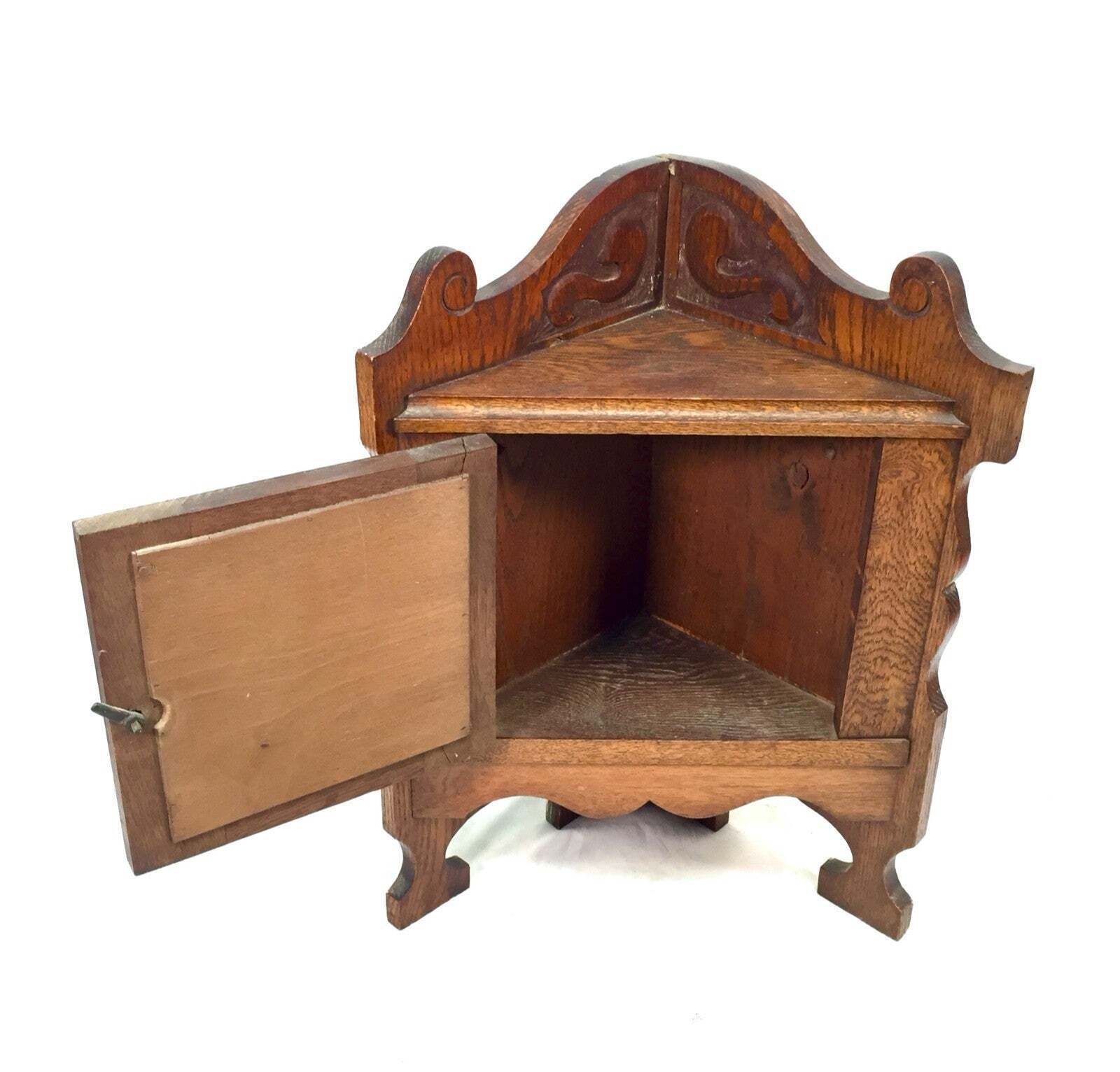 photo furniture Antique Pair Of Corner Oak Wood Wall Cabinets / Mirror Fronts / Cupboards C.1900