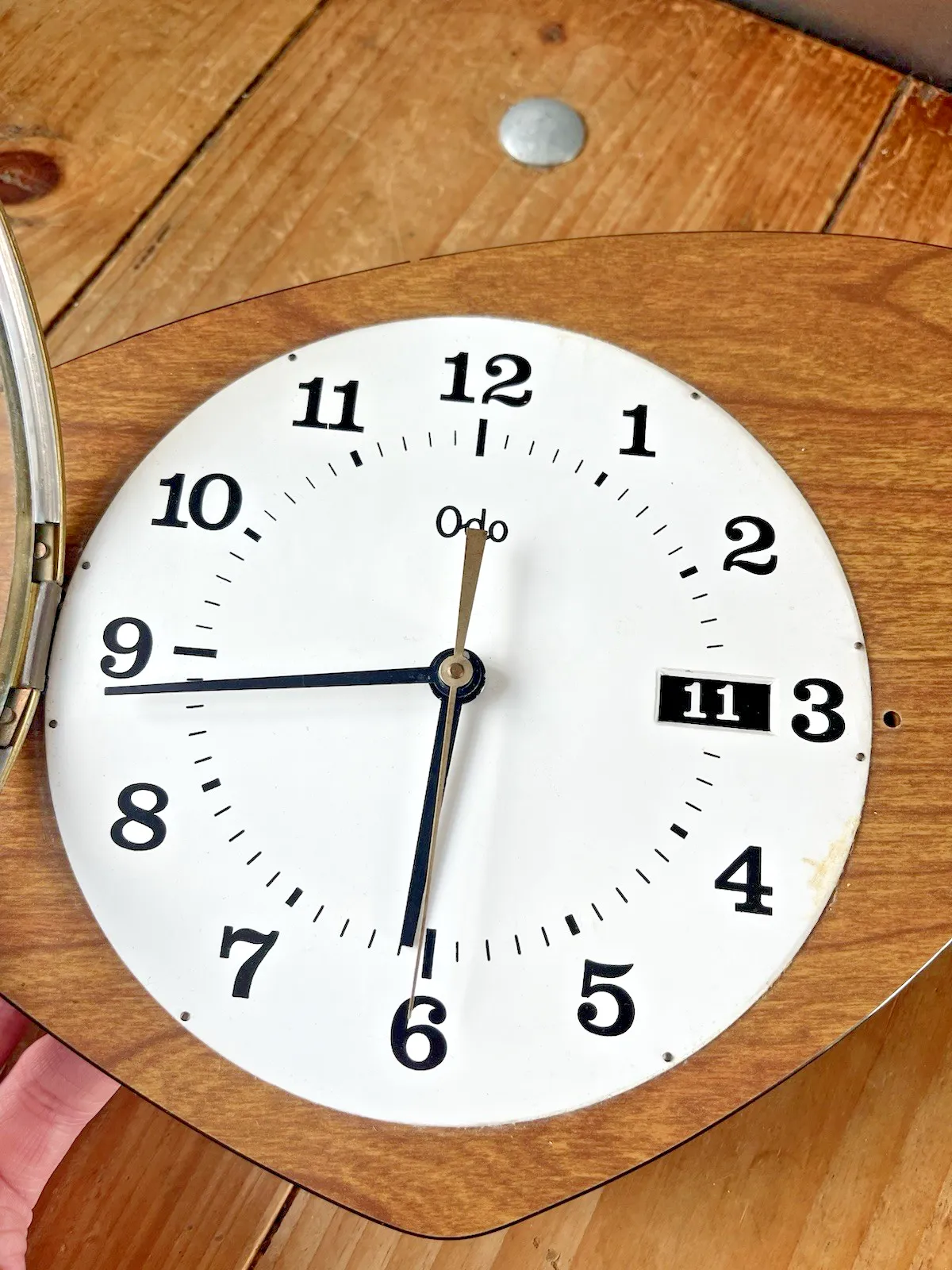 photo for sale Mid Century Modern 60's Odo Faux Teak Wood Wall Clock Perpetual Calendar Vintage