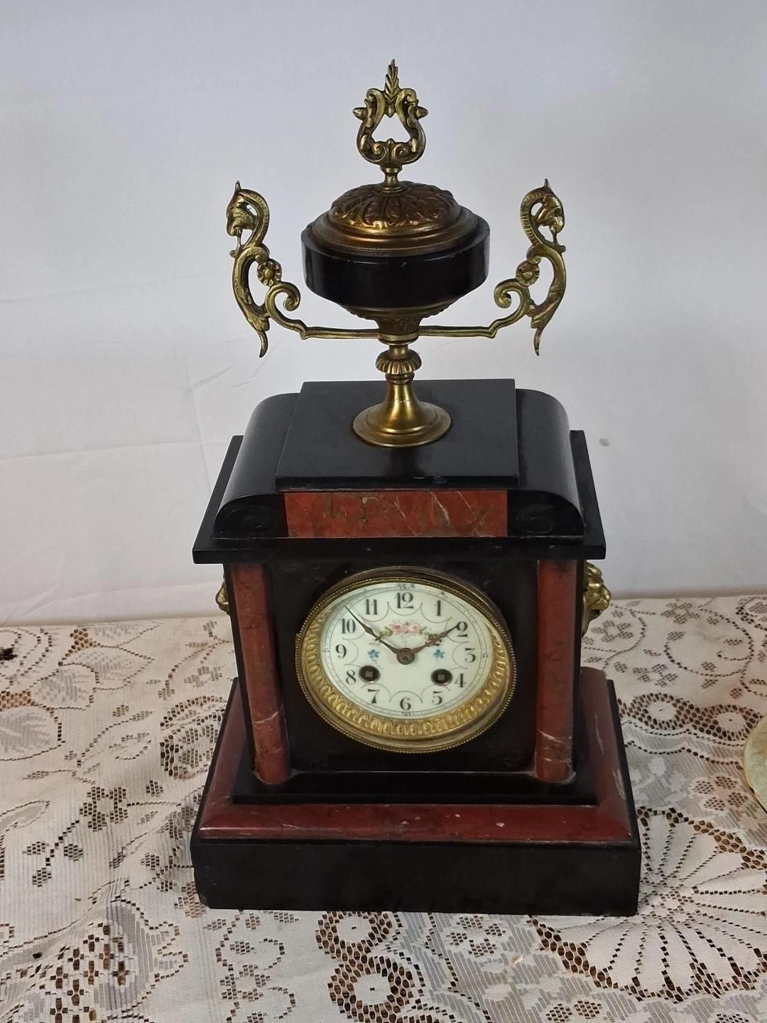 French Antique Mantle Marble Clock Ticking And Chiming