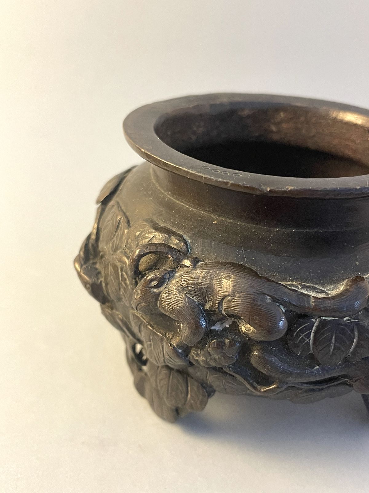 Antique Chinese Bronze Censer On Three Feet Adorned With Animals & Foliage photo 189.0