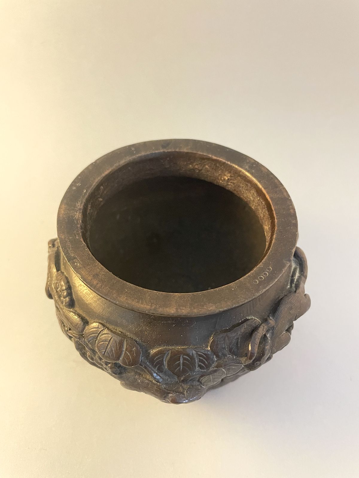 Antique Chinese Bronze Censer On Three Feet Adorned With Animals & Foliage photo for sale