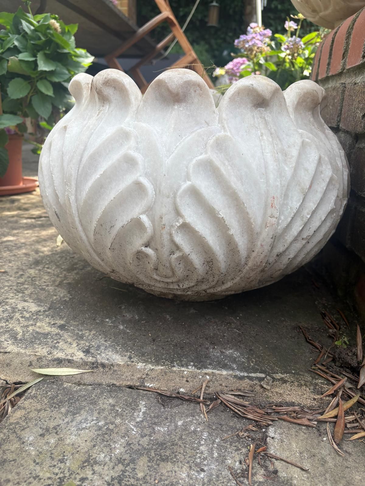 photo for sale Variety 20th Century Hand Carved  Marble Planters Leaf Pattern, Scalloped / Round Top