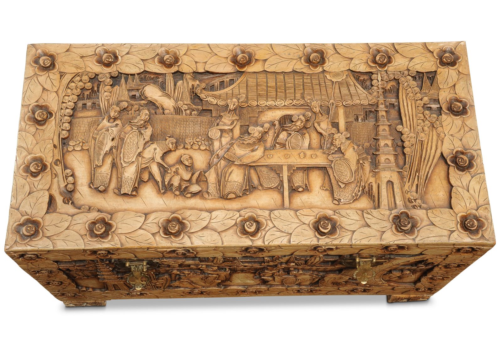 An Exquisite Carved Chinese Export Camphor Chest With Etched Brass Lock Fitted With A Removable Glass Top & Interior Lift Out Tray photo furniture