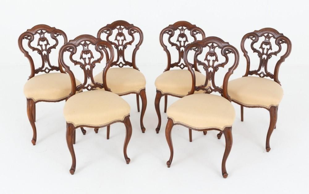Set Victorian Dining Chairs 6 Walnut Cabriole Seats 1860